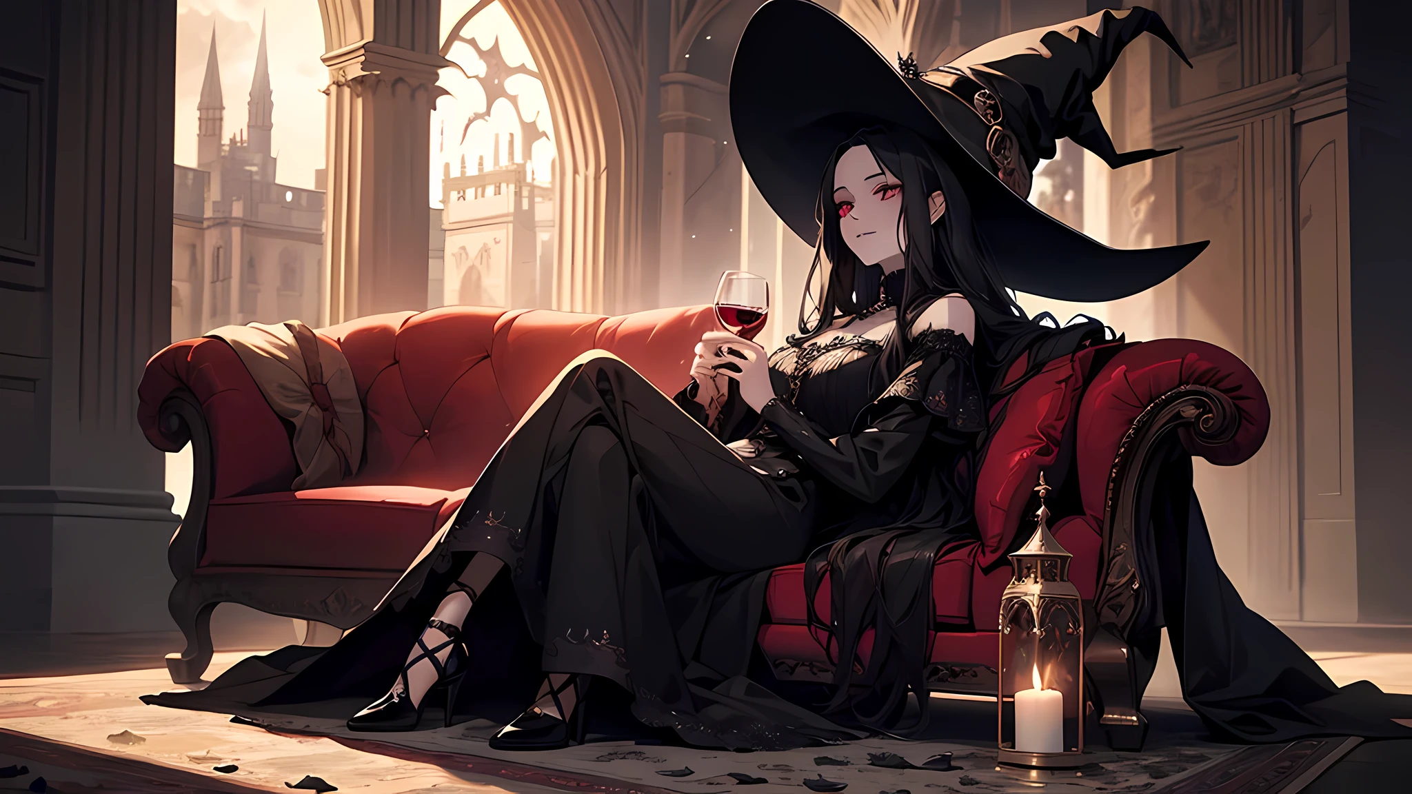 A witchholding one of cups, dripping with blood, in a hauntingly beautiful Gothic palace, under the moonlight. The vampire has sharp fangs and piercing red eyes, with pale flawless skin. The palace is adorned with intricate carvings and dimly lit by candlelight, casting eerie shadows on the walls, (masterpiece), (best quality), extremely delicate and beautiful, illustration, best_quality ,head, black_magic, 1girl, long hair, black hair, (full body:1.2), witchy_fashion, witch_hat, Orvieto offered the sofa to Valeria and placed the glass she had personally filled with wine in front of her.  She apologize to have her specially come here