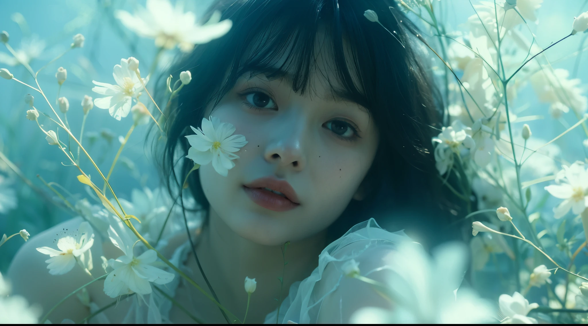 Clear details, very clear,4m4nd4s-v2 woman, 1girl, flower, solo, black hair, realistic, looking at viewer, parted lips, lips,  mole, freckles, white flower, depth of field, bangs, short hair, nose realistic, soft lighting, professional Photography, Photorealistic, detailed, RAW, analog, sharp focus, 8k, HD, DSLR, high quality, Fujifilm XT3, film grain, award winning, masterpiece