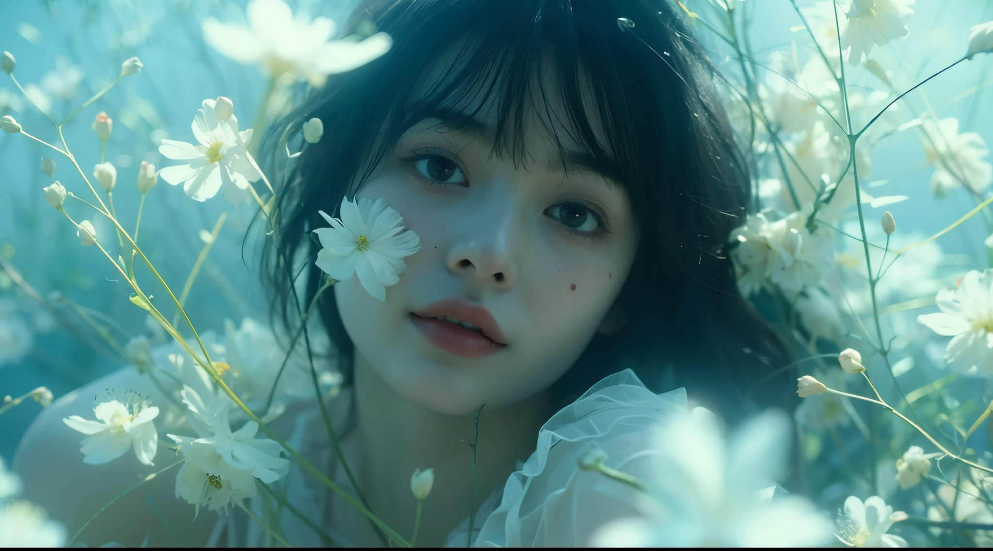 Clear details, very clear,4m4nd4s-v2 woman, 1girl, flower, solo, black hair, realistic, looking at viewer, parted lips, lips,  mole, freckles, white flower, depth of field, bangs, short hair, nose realistic, soft lighting, professional Photography, Photorealistic, detailed, RAW, analog, sharp focus, 8k, HD, DSLR, high quality, Fujifilm XT3, film grain, award winning, masterpiece