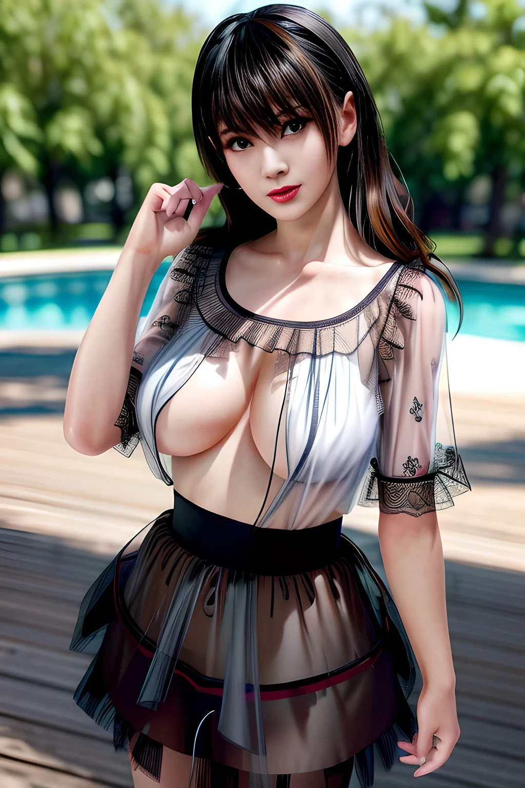 1 girl,seven waves,(mesh shirt: 1.3), (Tulle skirt: 1.4),outdoor, (standing posture),jewelry,grace,(((red lips))), Lips slightly open, clavicle,Lactation,(huge breasts),((8k, original photo, top quality, masterpiece), HD RAW color photos professional close-up photos, (actual, photorealism: 1.37), (best quality),8k,soft sunshine, Fabric luster,alone,
