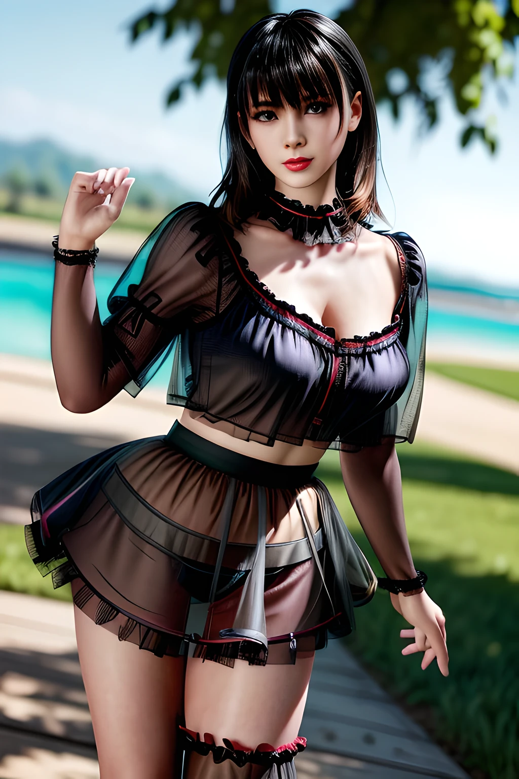 1 girl,seven waves,(mesh shirt: 1.3), (Tulle skirt: 1.4),outdoor,  (standing posture),jewelry,grace,(((red lips))), Lips slightly open,  clavicle,Lactation,(huge breasts),((8k, original photo, top quality, masterpiece), HD RAW color photos professional close-up photos, (actual, photorealism: 1.37), (best quality),8k,soft sunshine, Fabric luster,alone,