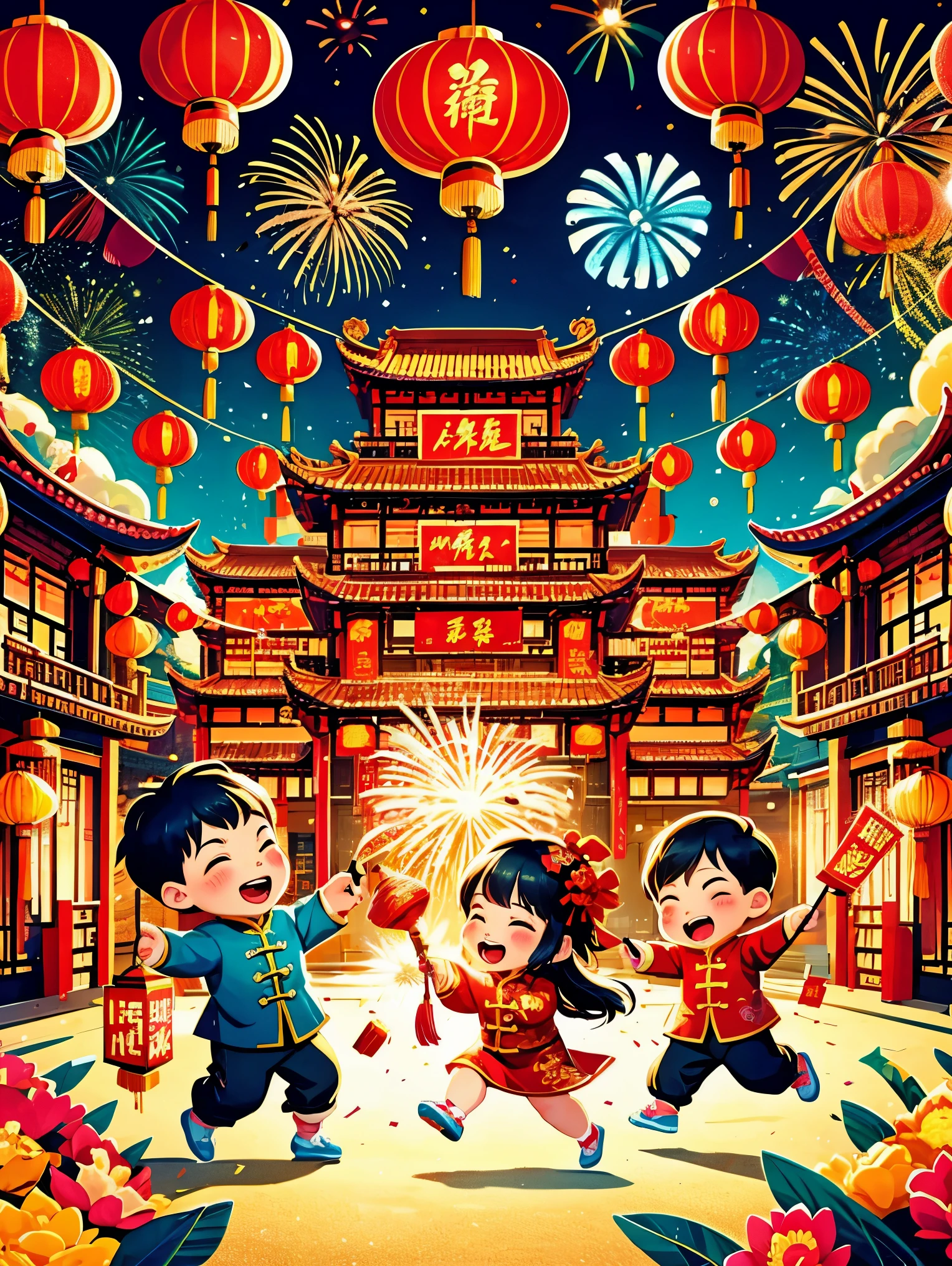 masterpiece, best quality:1.2), vitality, joy, vector style, illustration, CNY, children, dragon dance，fireworks, lantern, couplets, firecracker, red envelopes, Chinese rural architecture, festive, rich and colorful, Chinese traditional clothing, Spring Festival decoration, Traditional cultural elements, Town Square，Ultra-high saturation，Colorful, bright, super high quality, bright