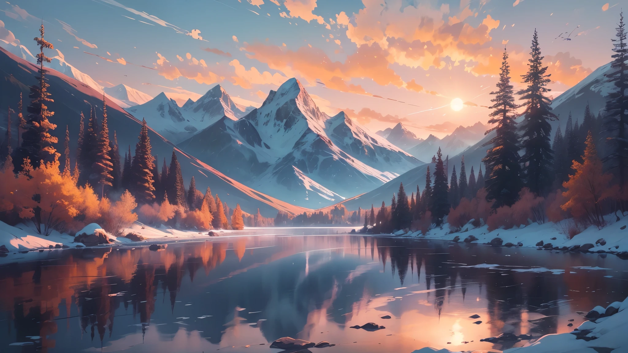 Craft a cinematic sketch that transports viewers to a realm of awe-inspiring beauty. The towering mountains, etched against the canvas of a setting sun, boast rugged peaks and snow-capped summits.
The low-angle perspective accentuates the majestic nature of the mountains, making them appear almost unreachable. As the sun bids farewell, warm hues of orange and pink cascade down the slopes, casting long shadows across the valleys below.
To enhance the cinematic feel, introduce a subtle haze in the atmosphere, creating a dreamlike quality. As the daylight fades, the cool tones of twilight begin to mingle with the warm remnants of sunlight, painting the sky in a palette of indigo and violet.
Include delicate details such as a scattering of evergreen trees clinging to the mountain slopes and a tranquil lake reflecting the celestial transition. The sketch should capture the serene yet powerful energy of nature, inviting viewers to get lost in the grandeur of the moment.
As a final touch, incorporate a few soaring birds in the sky, silhouetted against the fading light, adding a sense of movement and life to the stillness of the mountainous scene. This combination of elements creates a captivating and cinematic landscape that evokes both tranquility and the sublime.