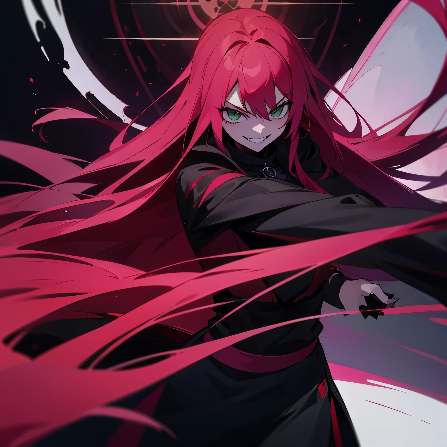 1 girl, long pink hair, green eyes, beautiful girl, villain, grin, psycho, psycho smirk, long hair, straight hair, red and blackcloth