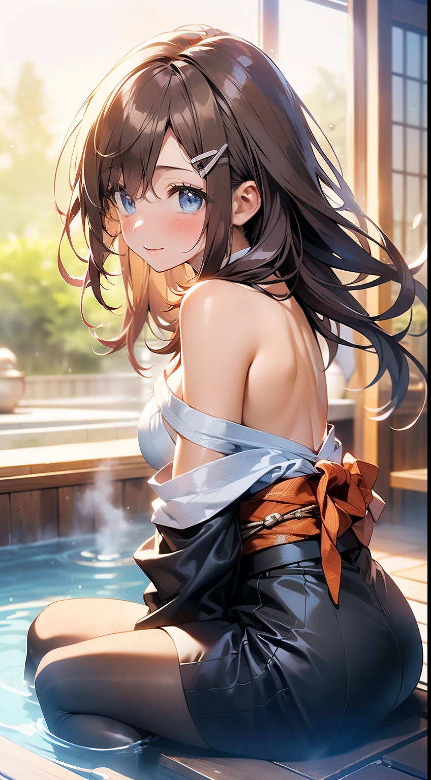 Adult elegant and beautiful anime girl with tied brown hair, medium breast, wearing strapless and sleeveless, long and oversized white towel, bare hands, bathing while relax in the corner of hot water sauna, relax face expression, long range shot, anime style 4k