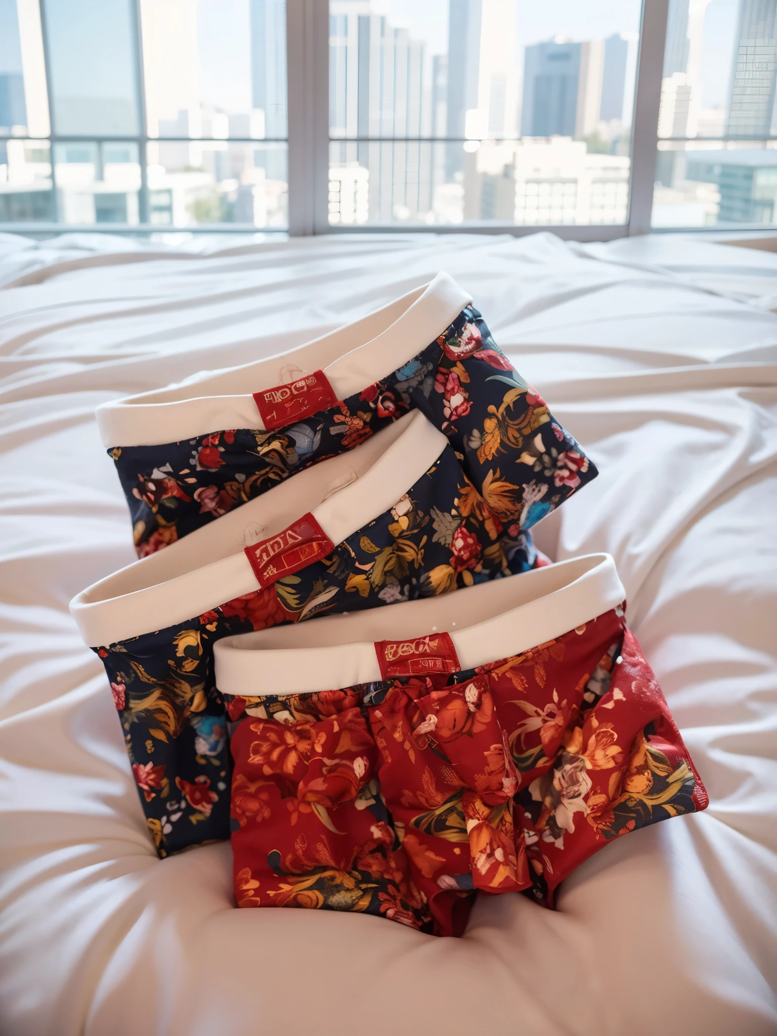 3 pairs of boxers，Place on the ground ( Hotel floor-to-ceiling windows, City：0.7, seaside：1.2) ，Tile，top view，background bokeh