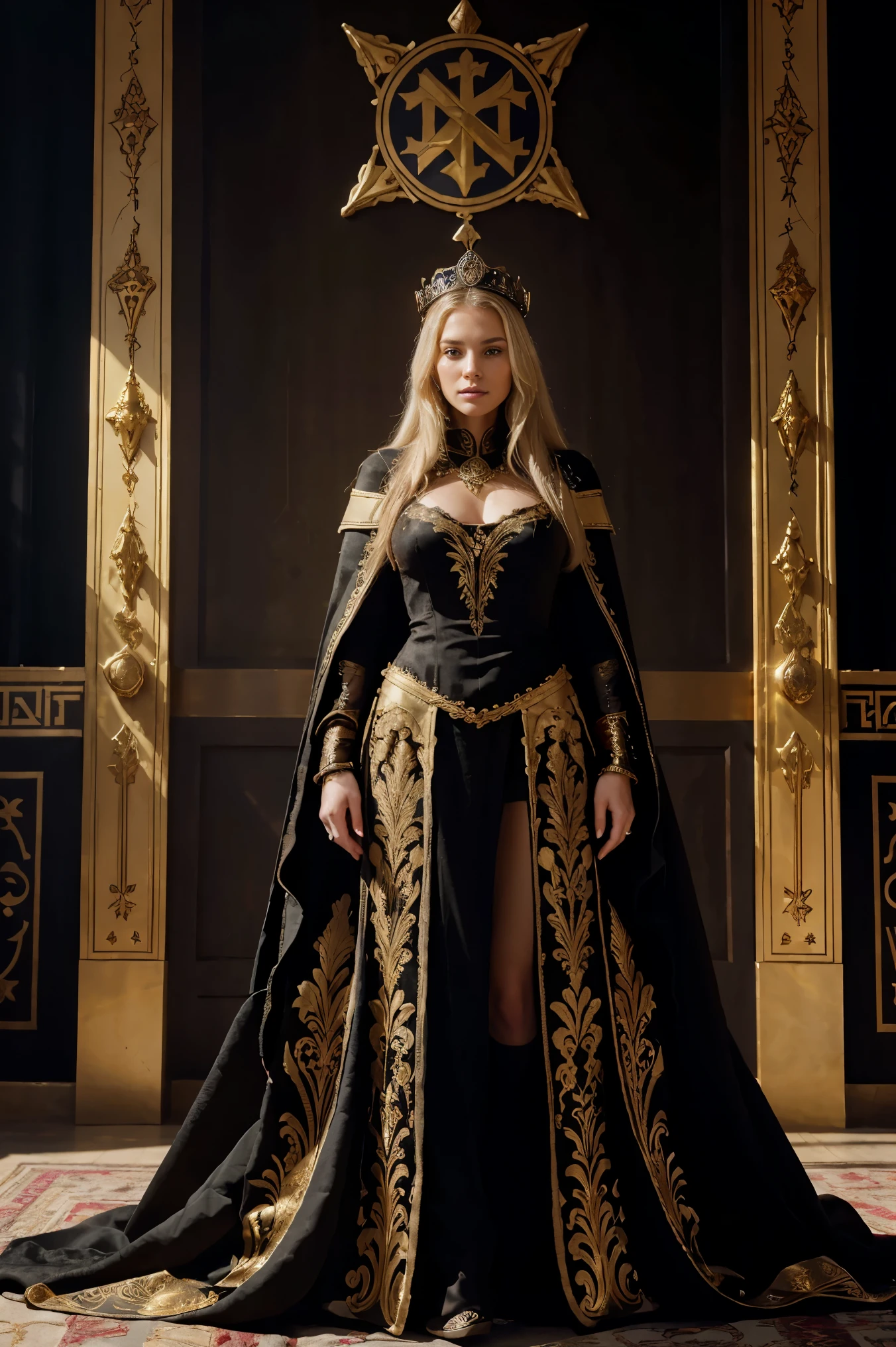 in the armoury of a medieval castle, a white woman, 40 years old, very long straight very blond hair, slim, full body visible from feet to head, standing in front of a medieval armor, a long black suede skirt, elaborate and richly adorned, long dress with long sleeves and trains with many ornaments. The black dress is made of luxurious materials like velvet, embroidered with gold threads, and embellished. The color is a deep royal black. Armored Gauntlets, she wears a long fur-lined cape with elaborate motifs. Royal crown, religious symbolism, greek schemamonk, quantum wavetracing. Adorned with black and gold high-heeled lace-up boots with many ornaments. Room is iron with gold leaf details, set against a dark, red and complex background. Soft frontal lighting, no reflections, focus on extreme detail (skin pores, fabric texture, throne intricacies). Aim for realism, 8K resolution detail.