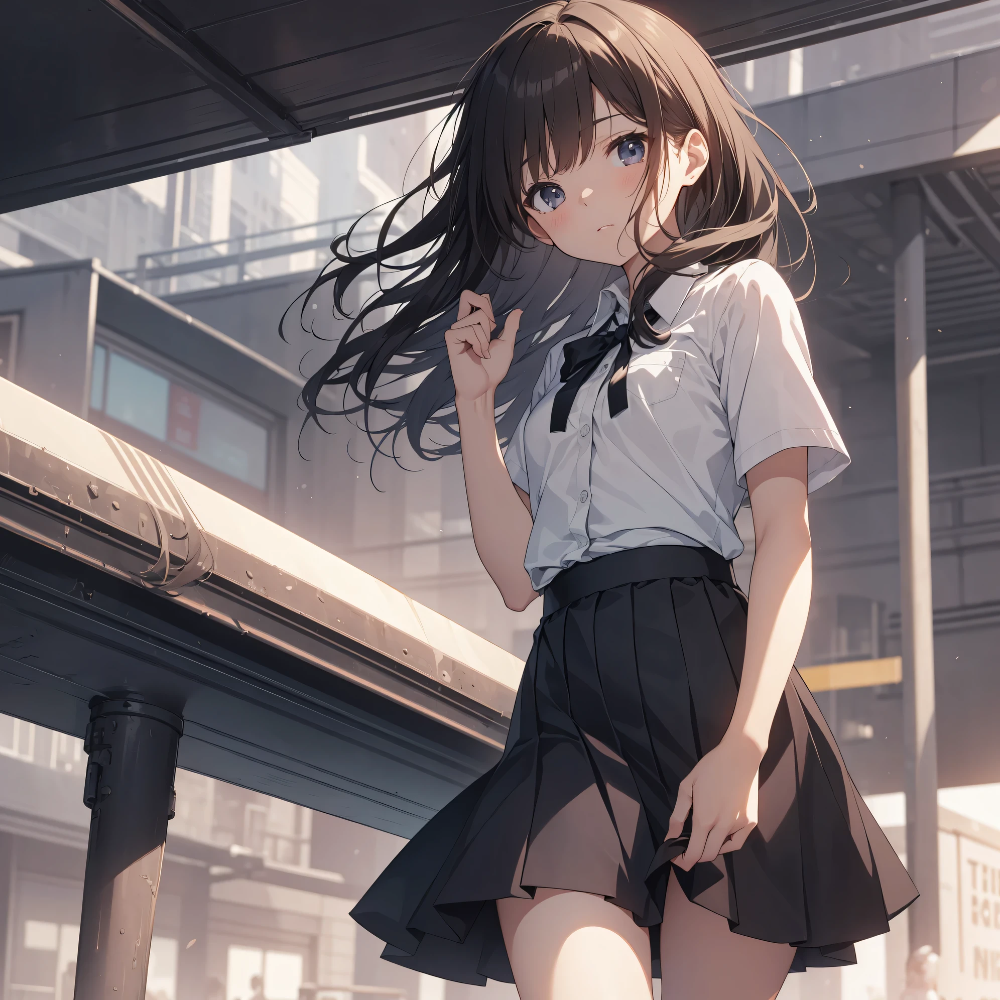 Super high quality by the art god, super detailed, High resolution, AI generated, anime moe art style, best anime 8K konachan wallpaper, pixiv contest winner, perfect anatomy, break,(眠そうにalone学校へ行く女の子を描いてください. ),break, surreal high school girl, (alone,lolita, , :1.3),All limbs, full finger,, androgynous charm, (very short hair), messy hair, flat chest, Because I'm slender, small ass, between legs, Small black eyes, beautiful and fine eyes, Well-proportioned iris and pupils, disgusted eyes, High resolutionの詳細な髪, wearing school uniform, (skirt), On the way to school. break,super dense skin, Best lighting by famous artists, 8K, figure,UHD, rough skin