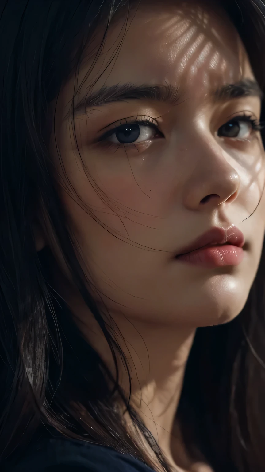8K, highest quality, masterpiece, realistic, ultra detail, photo realistic, Improvement of quality,
photo of a girl with a sad expression, In a dark and gloomy designer style, voluminous mass, photo bash, calm face, jagged edges, navy, beauty of nature, close up shot