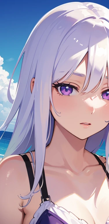 Realistic、1girl、white hair、purple eyes、white bikini:1.5、face:1.5,upper body:1.5,beach、wallpaper