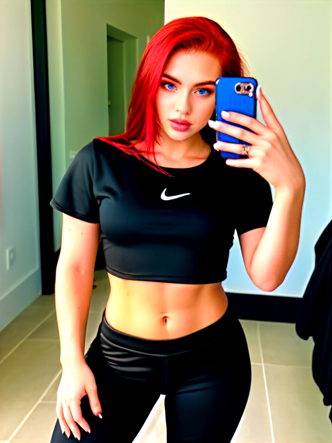 there is a woman taking a selfie in a black top, dasha taran, anna nikonova aka newmilky, 2 4 year old female model, with red hair, fit pic, 18 years old, bella poarch, crop shirt and strong abs, style of julia razumova, with abs, tight outfit, smooth red skin, she has red hair
