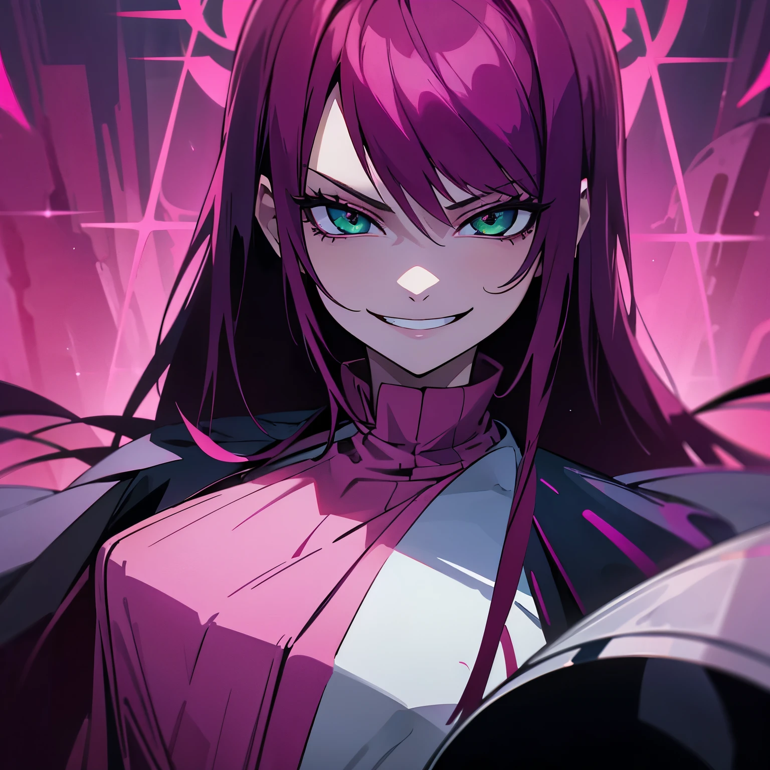 1 girl, dark pink hair, green eyes, beautiful girl, villain, grin, psycho, psycho smirk, straight hair, noble cloth