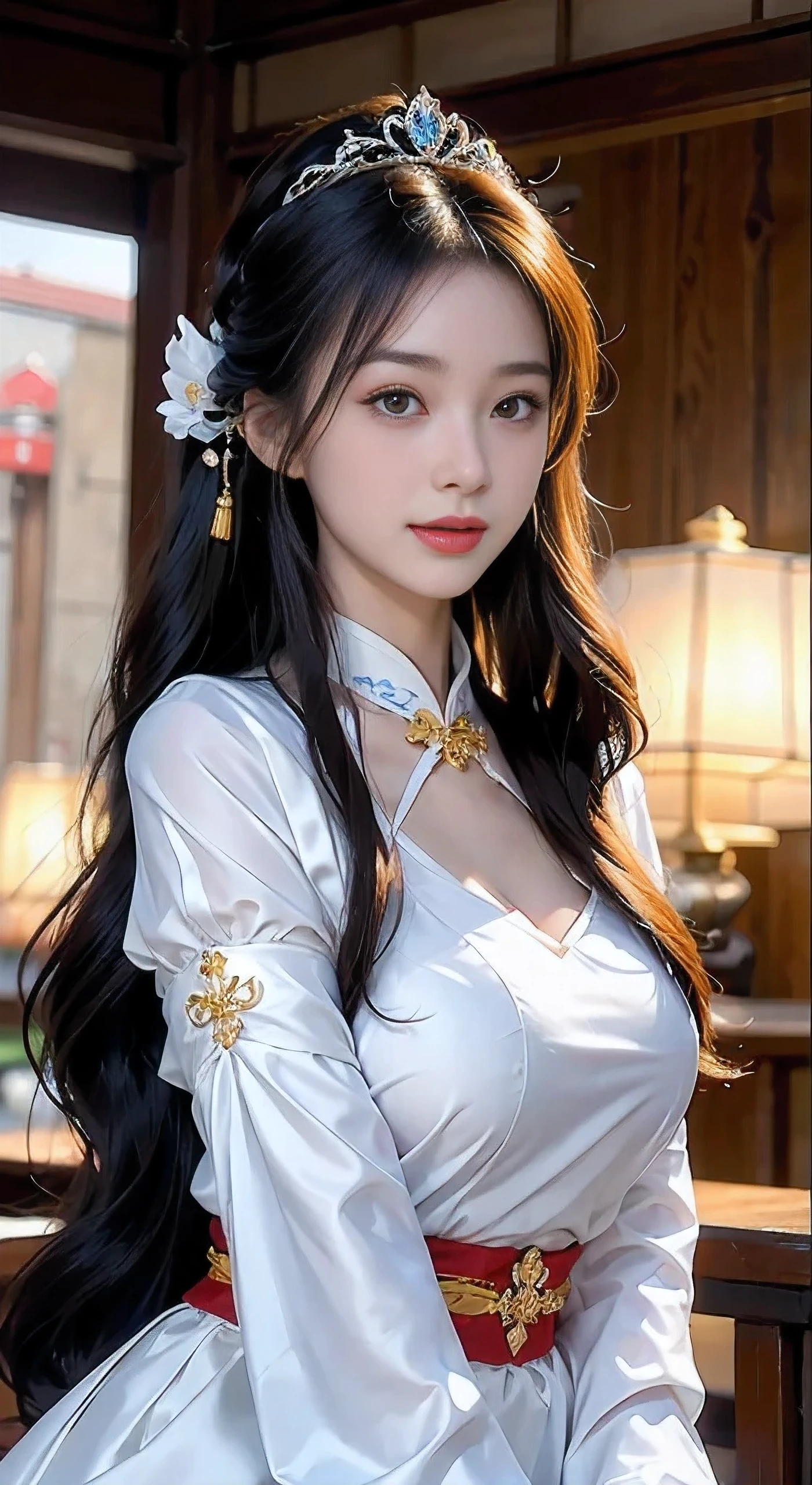 a big breast chinese girl, Cute face, cheerfulness, Long hair, Impressive hairstyle, wearing tiara，A pair of bright and reverent eyes，The eyebrows are slender and elegant，The slightly curved brow shape exudes confidence and charm。Her nose is small and three-dimensional，It matches the shape of her face perfectly。Her lips were rosy and plump，The corners of his slightly upturned mouth revealed a sweet smile， traditionalcostumes，The color of the costume is random，wearing jewellery,  黑The eye, Above Knees，（The breasts are large but not exposed：1.1），（A high resolution：1.3），random hair style， Ultra-fine face and eyes in random poses，Anatomically normal，realisticlying,exterior,strong rimlight，（highdetailskin：1.2），8K，hyper HD，high high quality，Background bokeh，（Hide your hands：1.3）（The hand is not in the shot：1.5）