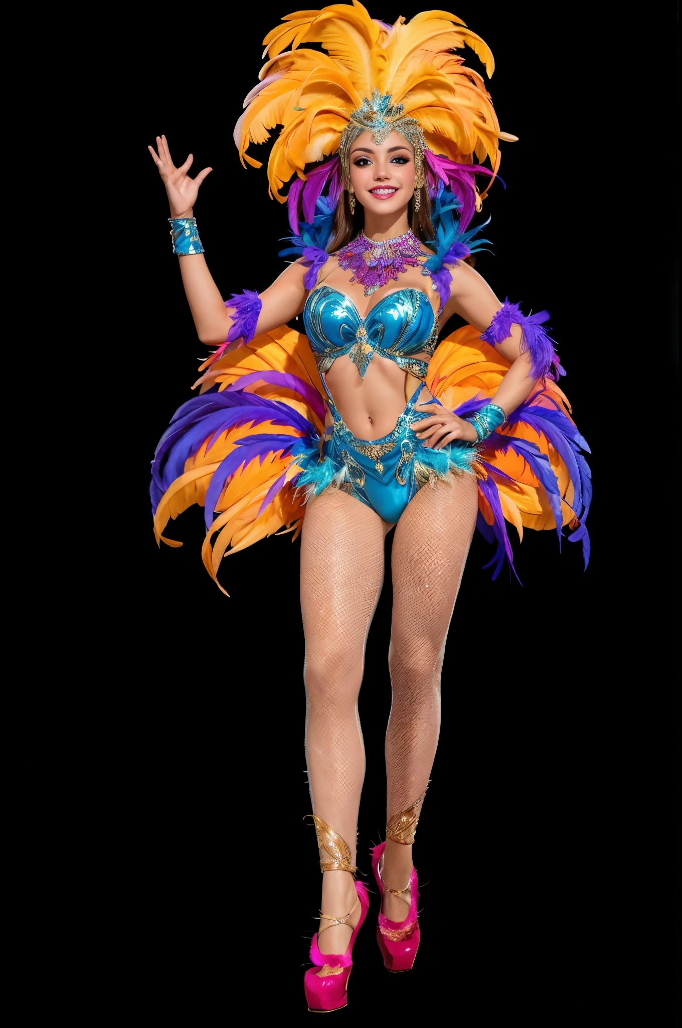 a woman in dance costume，European and American women，Wearing samba clothes，Dancing poses with feather decorations，lol，2.5d，perfect face shape，whole body，intact eyes，for the audience，Perfect mouth，Perfect hand details，Alone alone，brazilian carnival style，high quality images