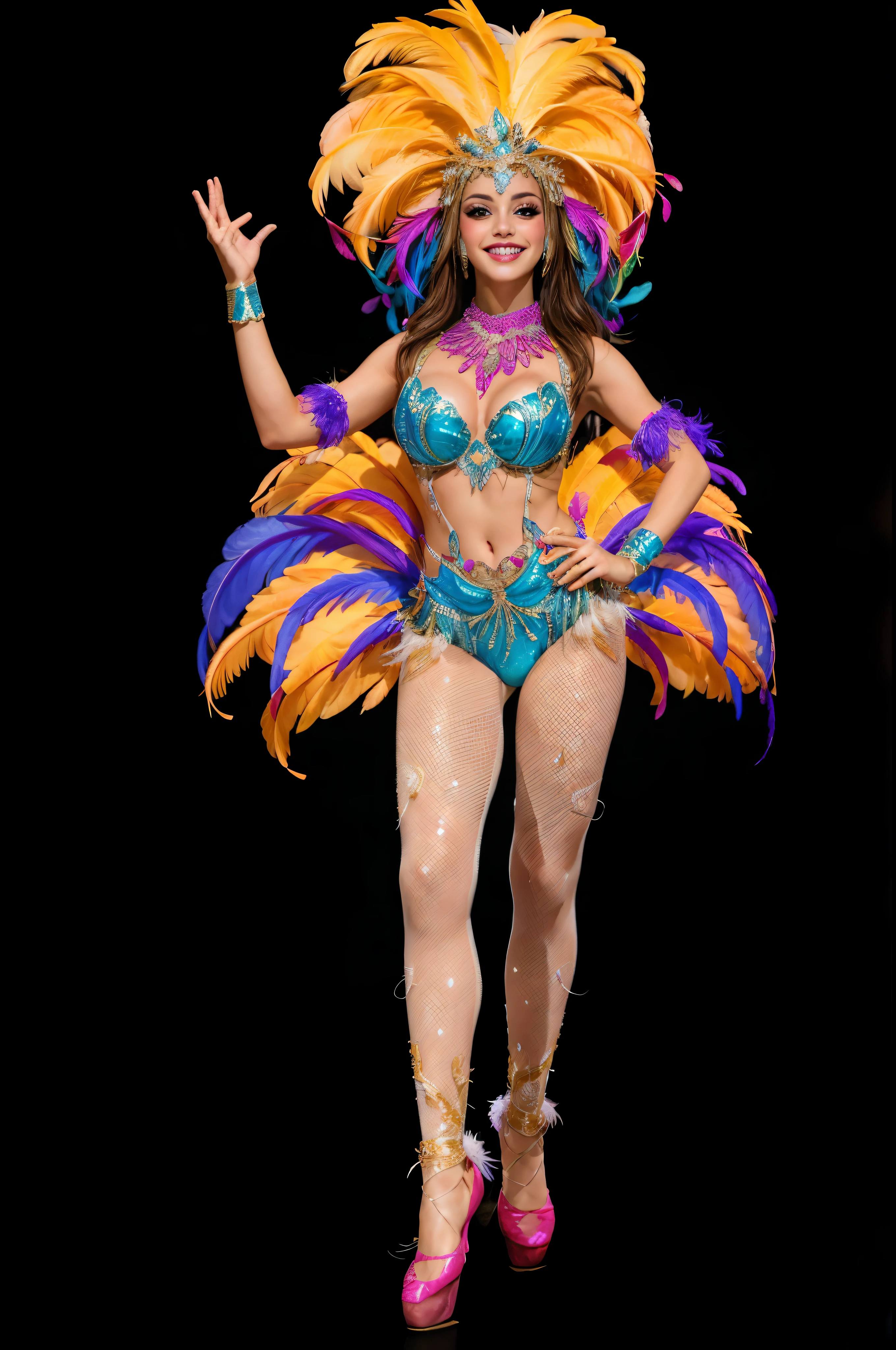 woman in dance costume，European and American women，Wear a samba costume，Feathered dance poses，Ha ha，perfect face shape，whole body，intact eyes，For the audience，perfect mouth，Perfect hand details，Alone，brazilian carnival style，high quality images