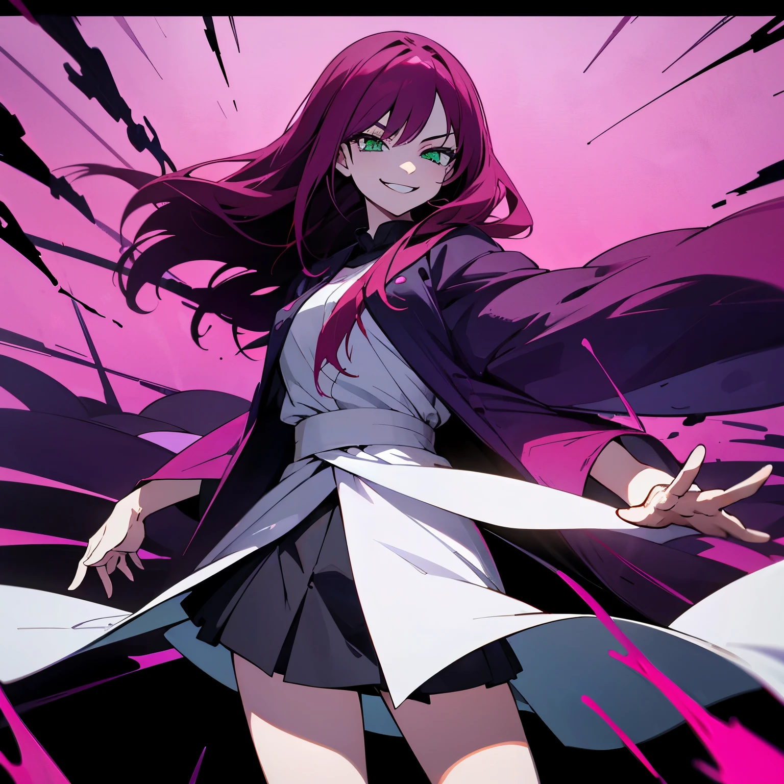 1 girl, dark pink hair, green eyes, beautiful girl, villain, grin, psycho, psycho smirk, straight hair, (((noble cloth))), short skirt