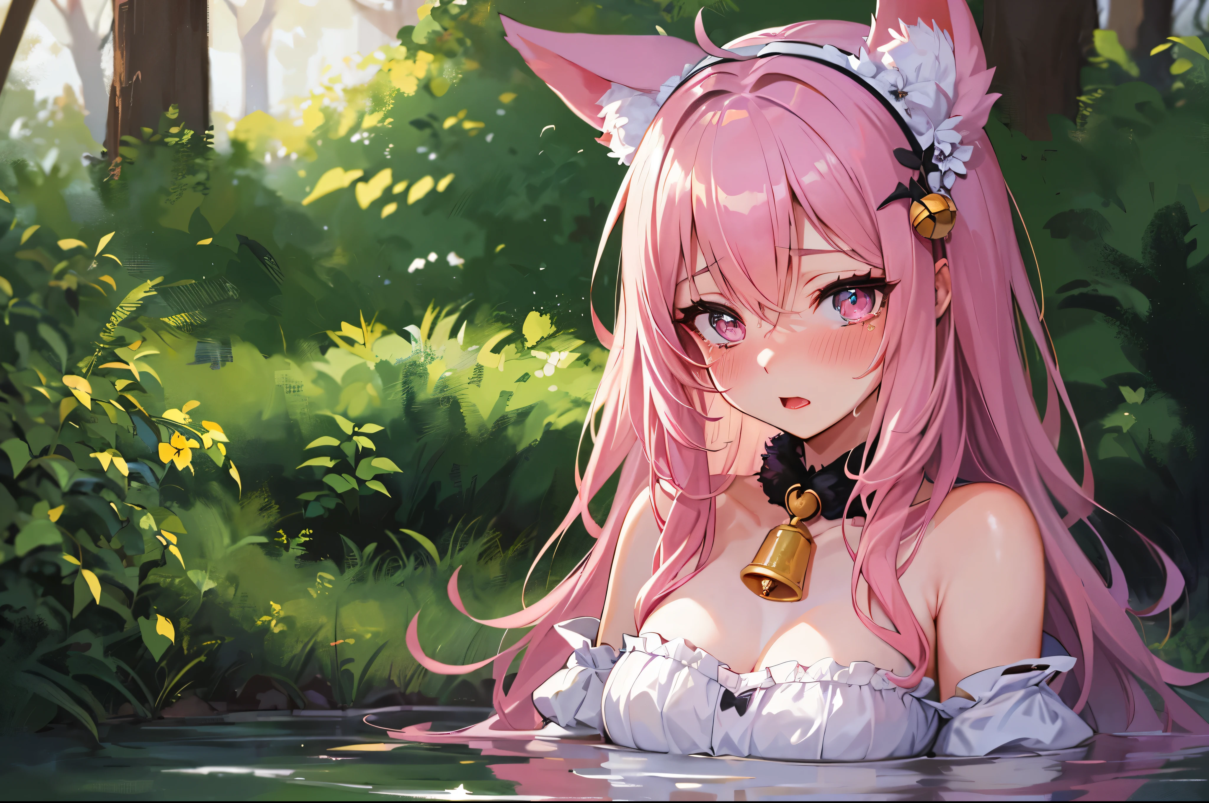 hairy, Pink fur, Off-the-shoulder white translucent morning dress, sit on the grass, Cherry blossom forest background, gold slit pupil, blushing:1, hair between eyes, pink hair, gradient hair, hair past shoulders, wet hair, shiny hair, bell, trumpet, forehead gem, tahairband, eye reflex, shed tears, slit pupil, fox ears, wolf ears, Awkward, blush, saliva, full blush, panicked, despair, full-face blush, realism, 超realism, Ray tracing, reflected light, backlight, Fuji color, Bokeh, ultra high definition, retina, anatomically correct, Super details, best quality, high resolution