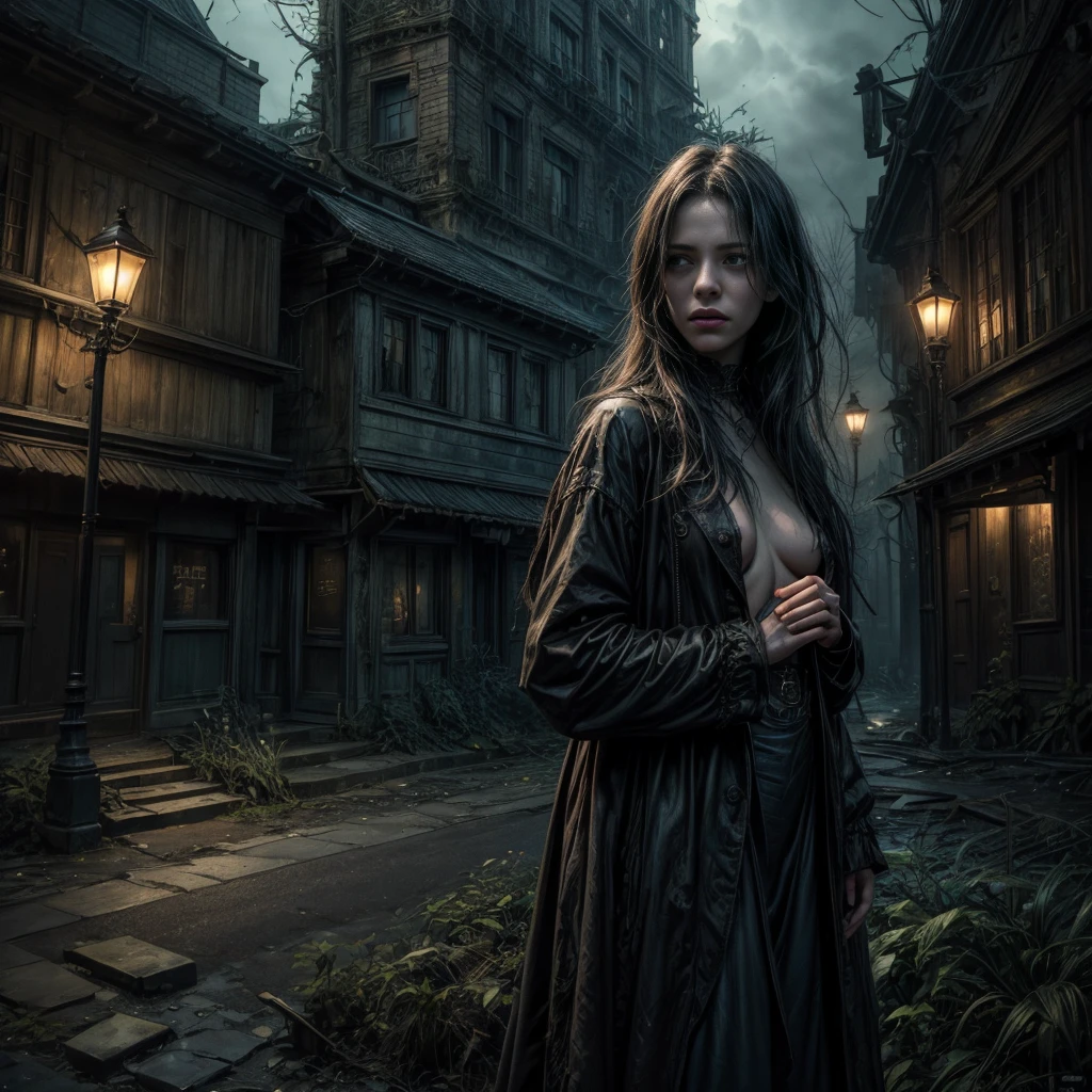 (best quality,4k,8k,highres,masterpiece:1.2),ultra-detailed,(realistic,photorealistic,photo-realistic:1.37),dark fantasy,street scene,unfamiliar environment,detailed buildings,ominous atmosphere,mysterious creatures,horrifying presence,unsettling,shadowy figures,intense darkness,young girl,long hair,innocent face,vulnerable position,hopeless situation,distressed expression,starry sky,dimly lit street lamps,dark colors,overgrown plants,quirky architecture,strange symbols,haunting shadows,abandoned feel,loneliness,magic in the air,creepy atmosphere,enchanted surroundings,gothic elements,otherworldly aura,dramatic composition,contrasting light and shadow,foreboding,uncertainty, bright weather, sunny day, brigth ambiences, light everywhere, nsfw, exposed woman, naked woman, nude
