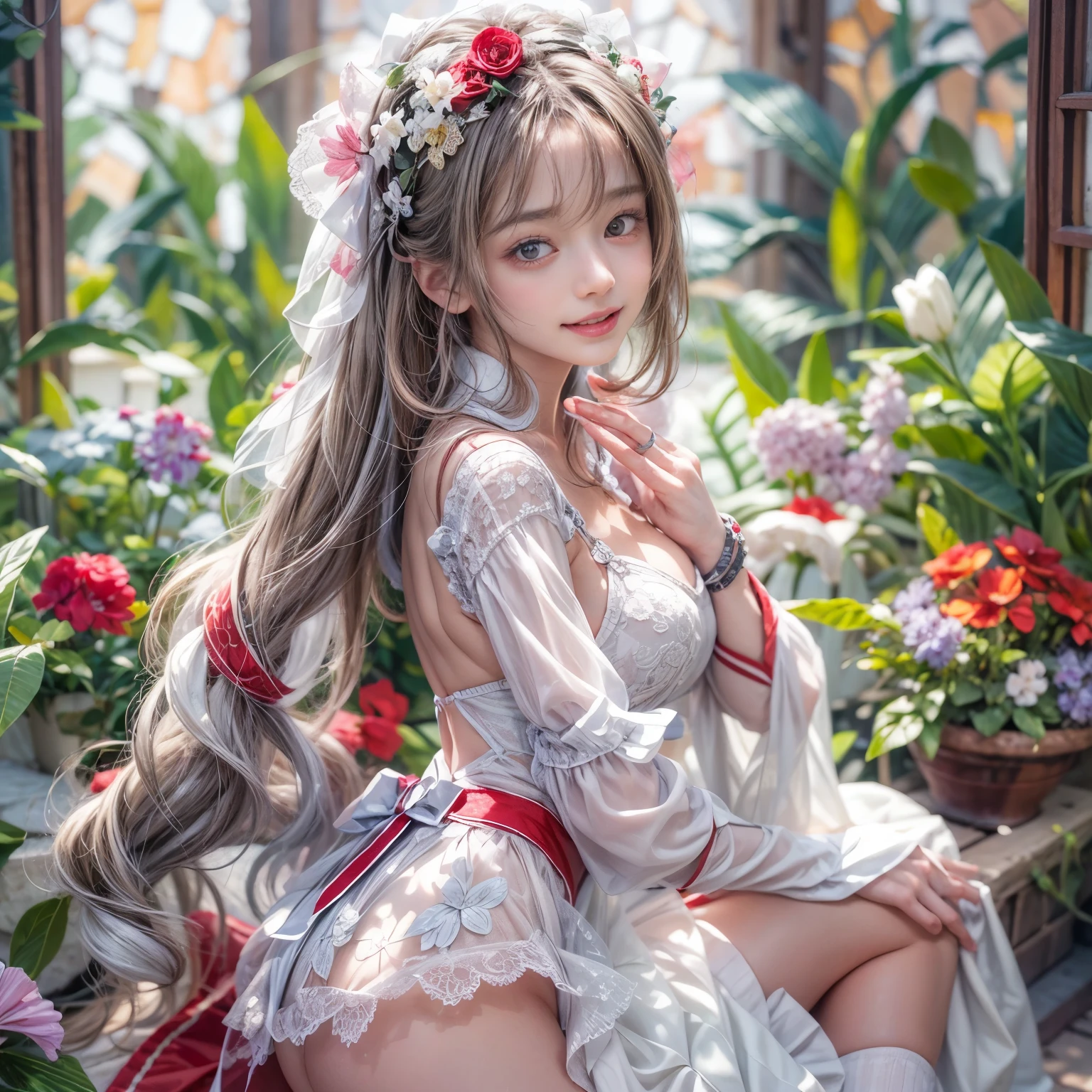 (SFW, White and Red, masterpiece:1.2, Exposed:1.2), (nipple:-0.9), (Acutance:0.8), (many sexy junior idols in group photograph), ((Extremely Detailed KAWAII face variations, joyful expression variations)), { Navel | pretty Ass | Overflowing sideboob | (Delicate lace knitted white wear) | full of Flowers covering girl's body | (Colorful Light shines from Dazzling and delicate stained glass:1.2) }. ( ultra-detailed, realistic, (photorealistic:1.37) with a touch of rawness). { under the mesmerizing back lighting | concept art | enhancing the overall visual impact }. (not Detailed fingers:-0.9) .