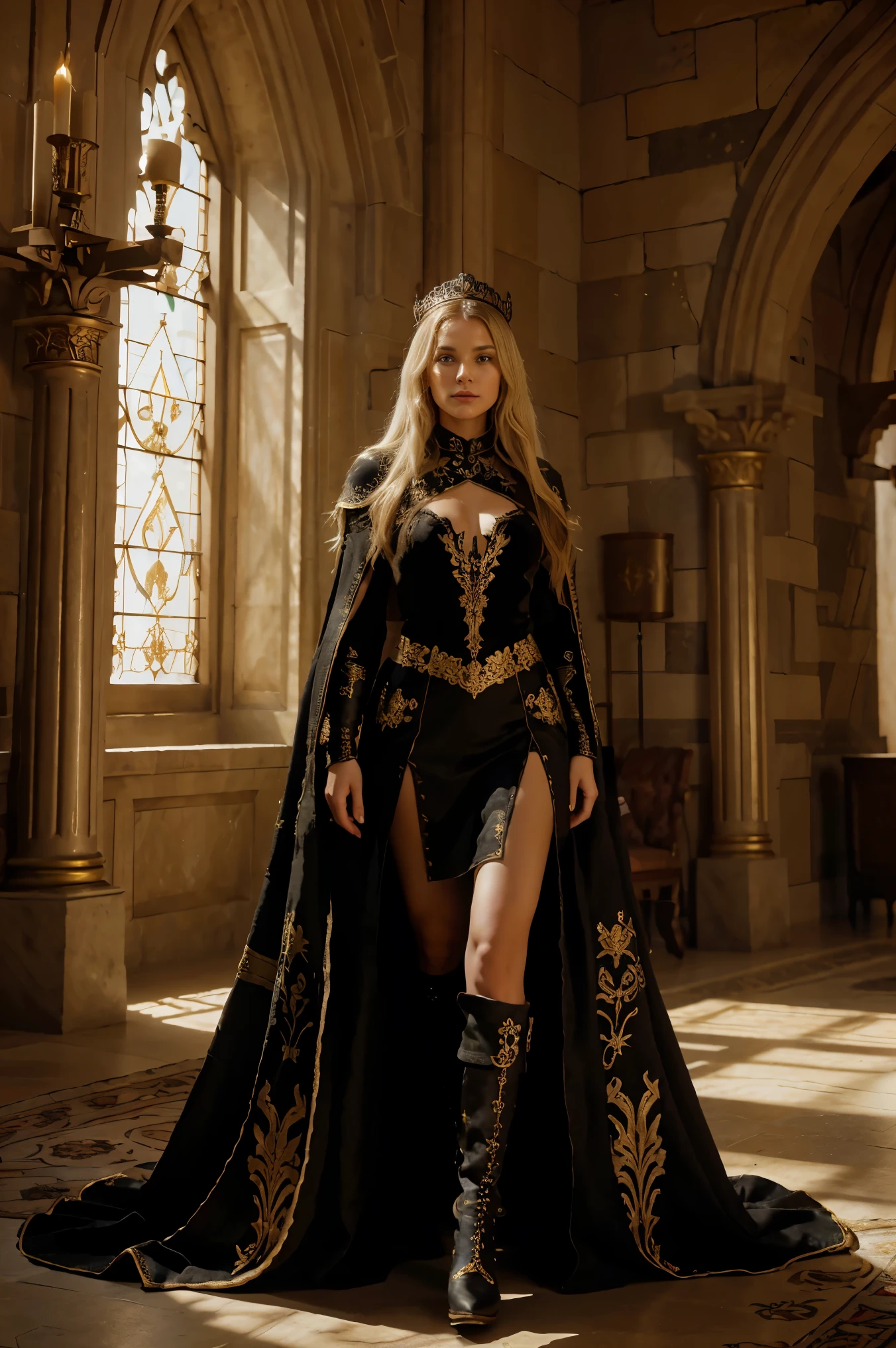 in the armoury of a medieval castle, a white woman, 40 years old, very long straight very blond hair, slim, full body visible from feet to head, standing in front of a medieval armor, a long black suede skirt, elaborate and richly adorned, long dress with long sleeves and trains with many ornaments. The black dress is made of luxurious materials like velvet, embroidered with gold threads, and embellished. The color is a deep royal black. armor elements on torso and arms, she wears a long fur-lined cape with elaborate motifs. Royal crown, religious symbolism, greek schemamonk, quantum wavetracing. Adorned with black and gold high-heeled lace-up boots with many ornaments. In a vaulted weapons room with exposed stonework and tapestries on the walls, red and complex background. Soft frontal lighting, no reflections, focus on extreme detail (skin pores, fabric texture, throne intricacies). Aim for realism, 8K resolution detail.