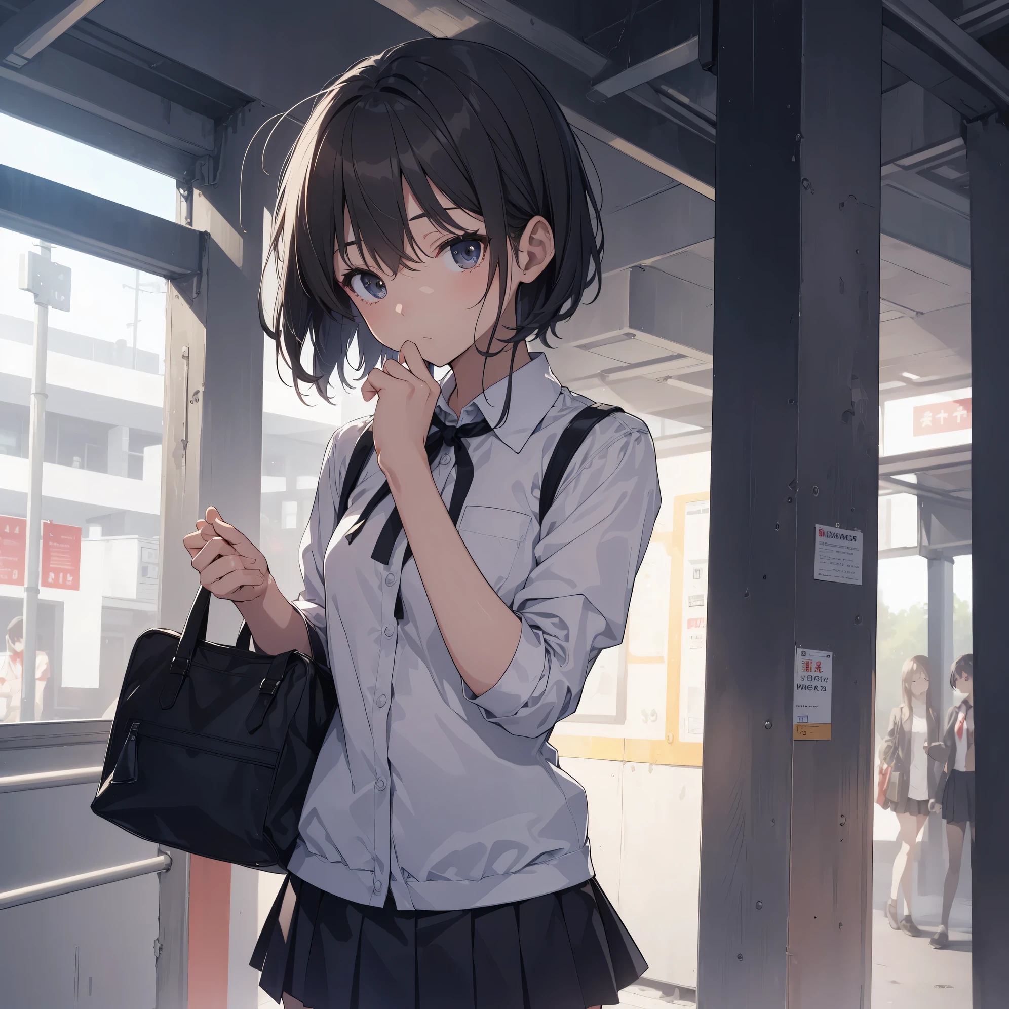 Super high quality by the art god, super detailed, High resolution, AI generated, anime moe art style, best anime 8K konachan wallpaper, pixiv contest winner, perfect anatomy, break,(眠そうにalone学校へ行く女の子を描いてください. ),break, surreal high school girl, (alone,lolita, , 13 years old:1.3),All limbs, full finger,, androgynous charm, (very short hair), messy hair, flat chest, Because I'm slender, small ass, between legs, Small black eyes, beautiful and fine eyes, Well-proportioned iris and pupils, disgusted eyes, High resolutionの詳細な髪, wearing school uniform, (skirt), On the way to school. break,super dense skin, Best lighting by famous artists, 8K, figure,UHD, rough skin