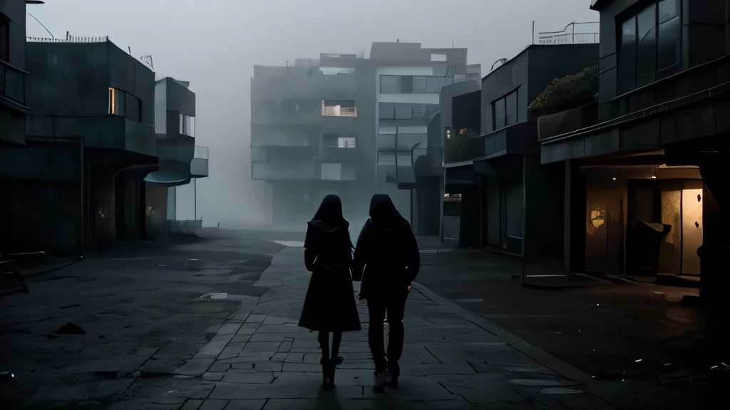 Silhouette of young couple wearing all black mystical hooded, the man stabbing the girl in heart with a dagger, in a dystopian but functional brutalist architectural town. the weather is foggy and cold in early morning light, landscape
