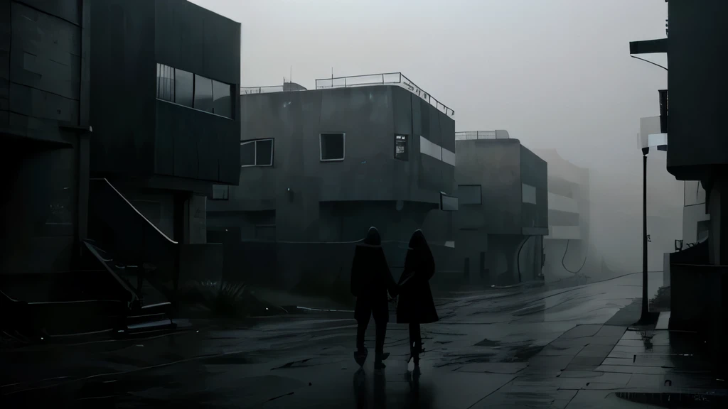 Silhouette of young couple wearing all black mystical hooded, the man stabbing the girl in heart with a dagger, in a dystopian but functional brutalist architectural town. the weather is foggy and cold in early morning light, landscape