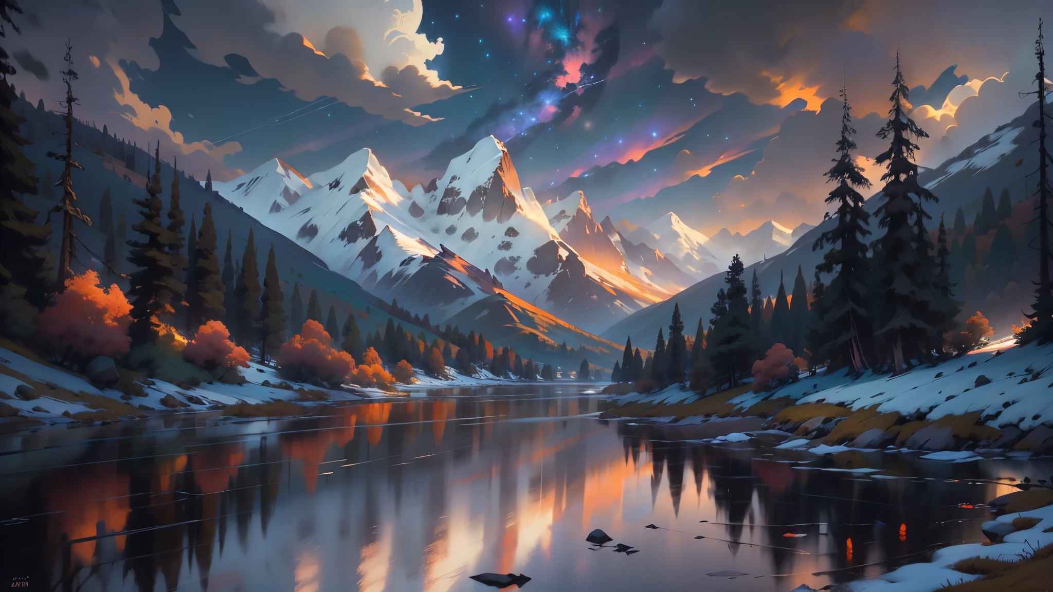 Craft a cinematic sketch that transports viewers to a realm of awe-inspiring beauty. The towering mountains, etched against the canvas of a setting sun, boast rugged peaks and snow-capped summits.
The low-angle perspective accentuates the majestic nature of the mountains, making them appear almost unreachable. As the sun bids farewell, warm hues of orange and pink cascade down the slopes, casting long shadows across the valleys below.
To enhance the cinematic feel, introduce a subtle haze in the atmosphere, creating a dreamlike quality. As the daylight fades, the cool tones of twilight begin to mingle with the warm remnants of sunlight, painting the sky in a palette of indigo and violet.
Include delicate details such as a scattering of evergreen trees clinging to the mountain slopes and a tranquil lake reflecting the celestial transition. The sketch should capture the serene yet powerful energy of nature, inviting viewers to get lost in the grandeur of the moment.
As a final touch, incorporate a few soaring birds in the sky, silhouetted against the fading light, adding a sense of movement and life to the stillness of the mountainous scene. This combination of elements creates a captivating and cinematic landscape that evokes both tranquility and the sublime.