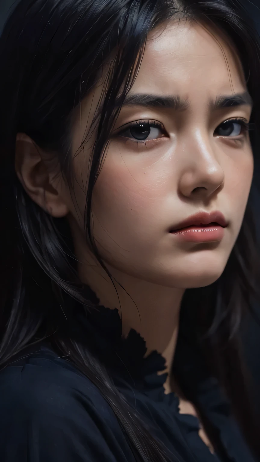 8K, highest quality, masterpiece, realistic, ultra detail, photo realistic, Improvement of quality, 
photo of a girl with a sad expression, In a dark and gloomy designer style, voluminous mass, photo bash, calm face, jagged edges, navy, beauty of nature, close up shot

