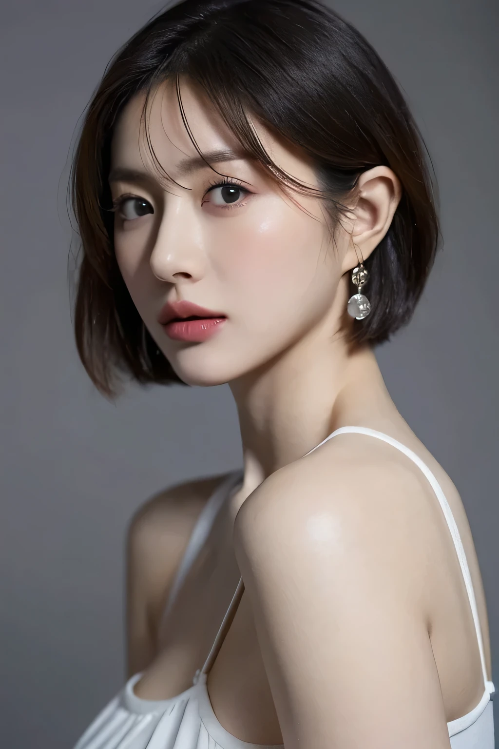 (highest quality,8K,masterpiece),studio photography,gray background,Low - Angle,portrait,high school girl,
Very beautiful beautiful girl,fine skin,realistic skin, lip gloss,rouge,
very short hair,pixie cut,
big earrings,
big breasts,thighs,emphasize cleavage,Tears are flowing with a sad expression、