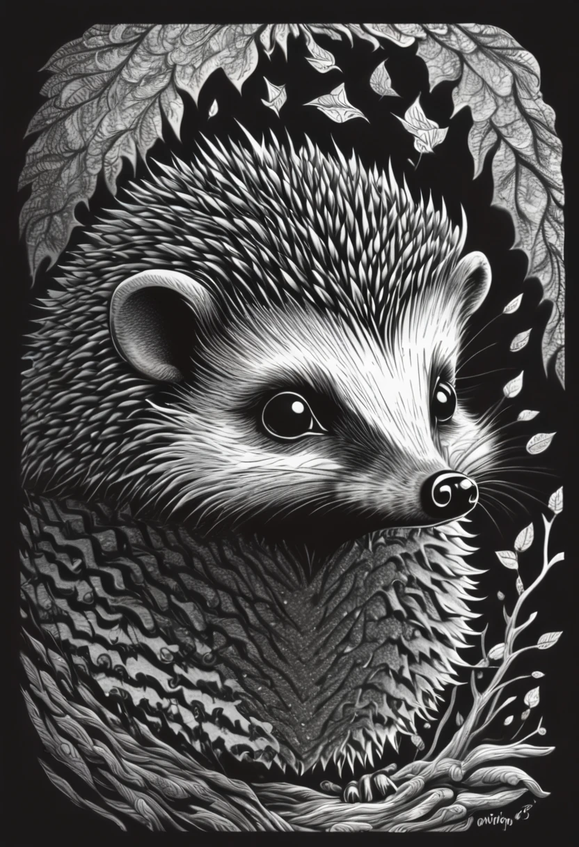 Virgil Finlay-inspired ink sketch of a hedgehog casting a pronounced shadow, newspaper aesthetic, 32k resolution, with the dreaminess of a Tim Burton fantasy rendered in sleek, modern line art and minimalist graphic style, centered sticker design, vector illustration, 2d flat yet cute, with a hint of professional vector graphics, shadow day themed, ultra-detailed, octane rendering 