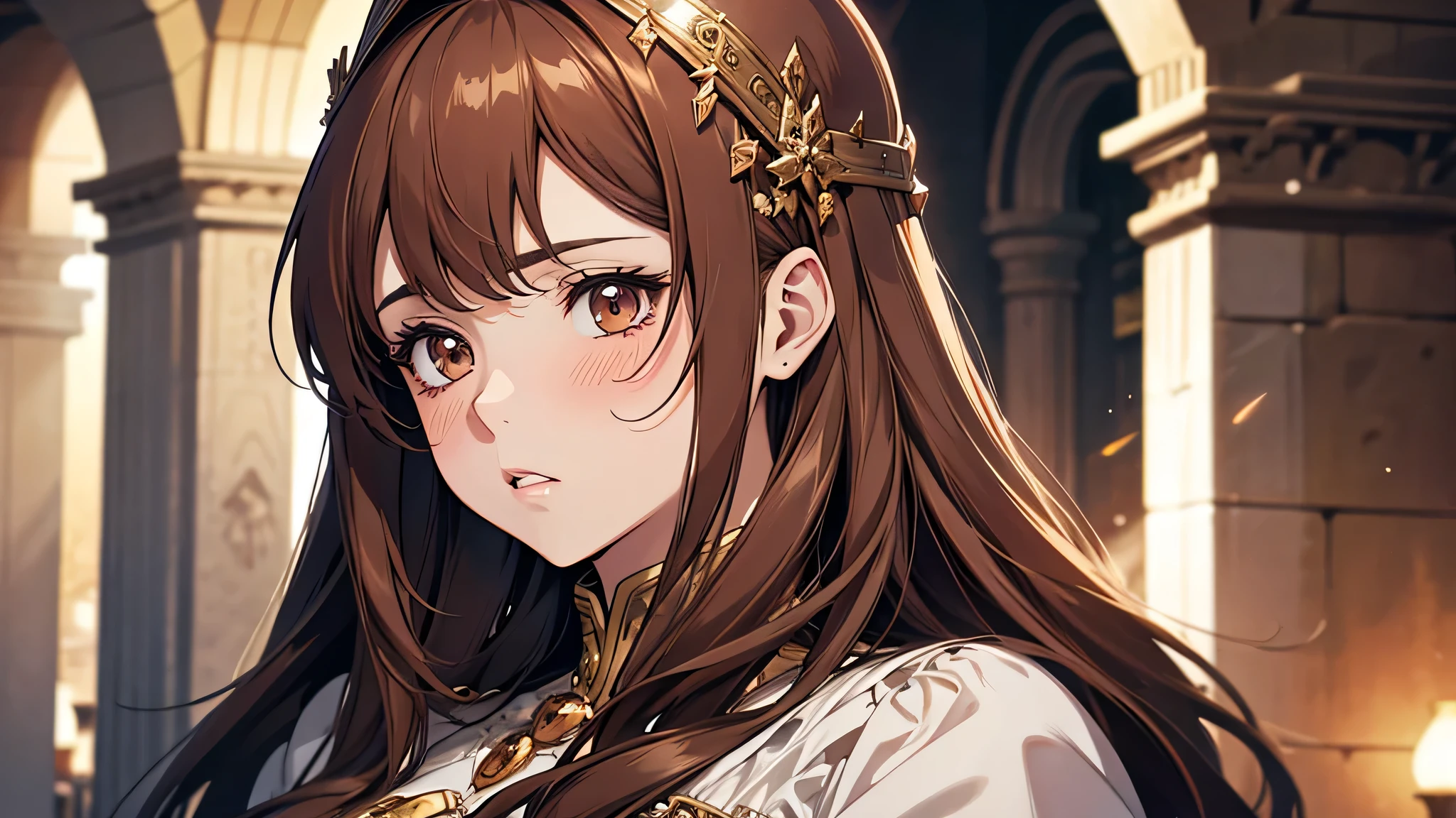 beautiful girl, thick brown hair, brown eyes, plump lips, face detailed, Clear facial expressions,Detailed digital anime art,digital anime art,High quality anime art style,medieval times, wearing white gown, speechless, confused, Valeria pressed and rubbed her temple with her fingertip and spoke in a low voice. She sight and said that’s right, she want to ask why is my Hiera Glaphicos that from just now