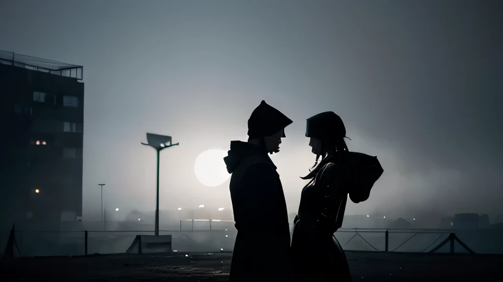 Silhouette of the man stabbing the girl in heart with a dagger, they are young couple wearing all black mystical hooded, in a dystopian but functional brutalist architectural town. the weather is foggy and cold in early morning light, landscape