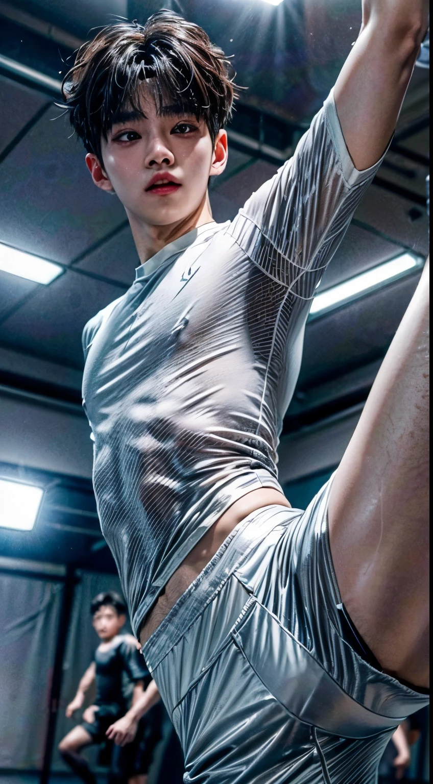 ((((Son Dongpyo face and hair)))), ((in dance practice room)), ((practicing male ballet with long bulge)), ((sweaty body wearing body pressed white and gray tight ballet shirt)), ((from below shot)), ((Dongpyo sexy face)), Dongpyo hair, perfect eyes, realistic human anatomy, realistic skin, photorealistic, cinematic lighting, hyper realistic, elegant, ultra detailed, sharp lines, uplight