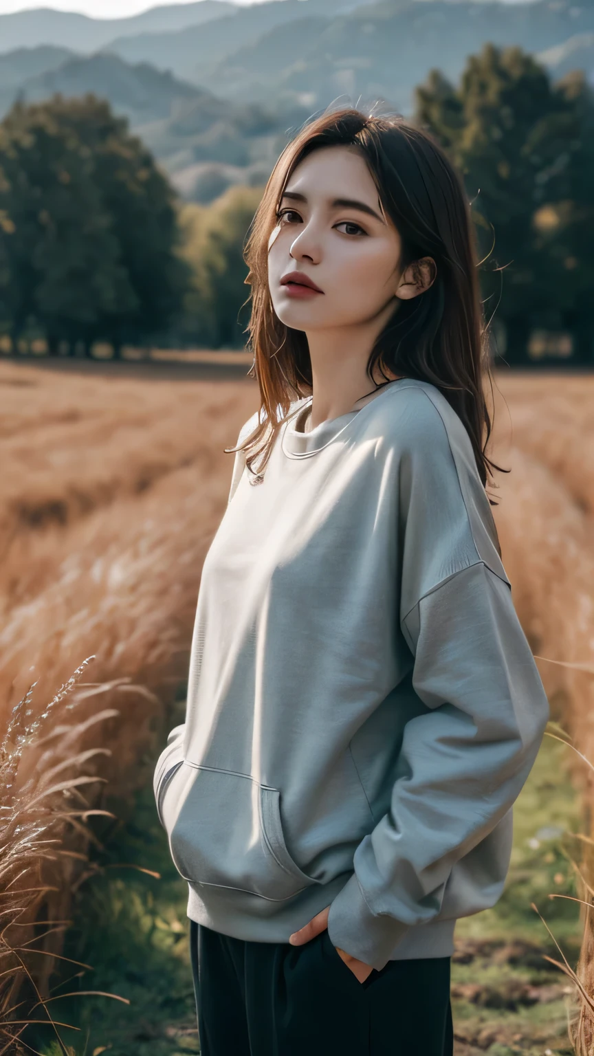 8K, highest quality, masterpiece, realistic, ultra detail, photo realistic, Improvement of quality,
Photo of a girl standing in a field wearing a sweatshirt, In a dark and gloomy designer style, voluminous mass, photo bash, calm face, jagged edges, beauty of nature、