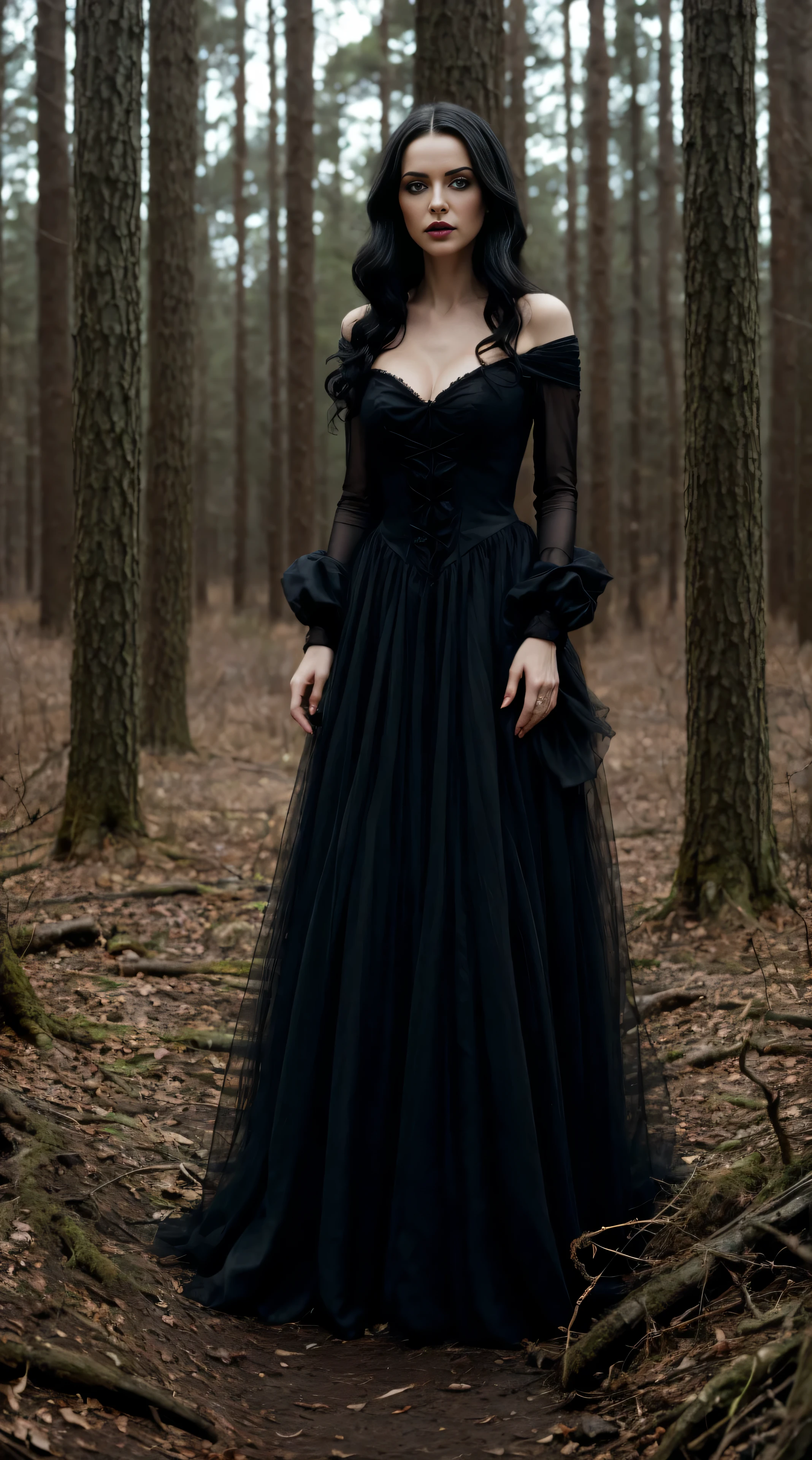 

tim burton movie style beautiful evil witch, eyes black hair, eyes, lips, airy dress walking, forest