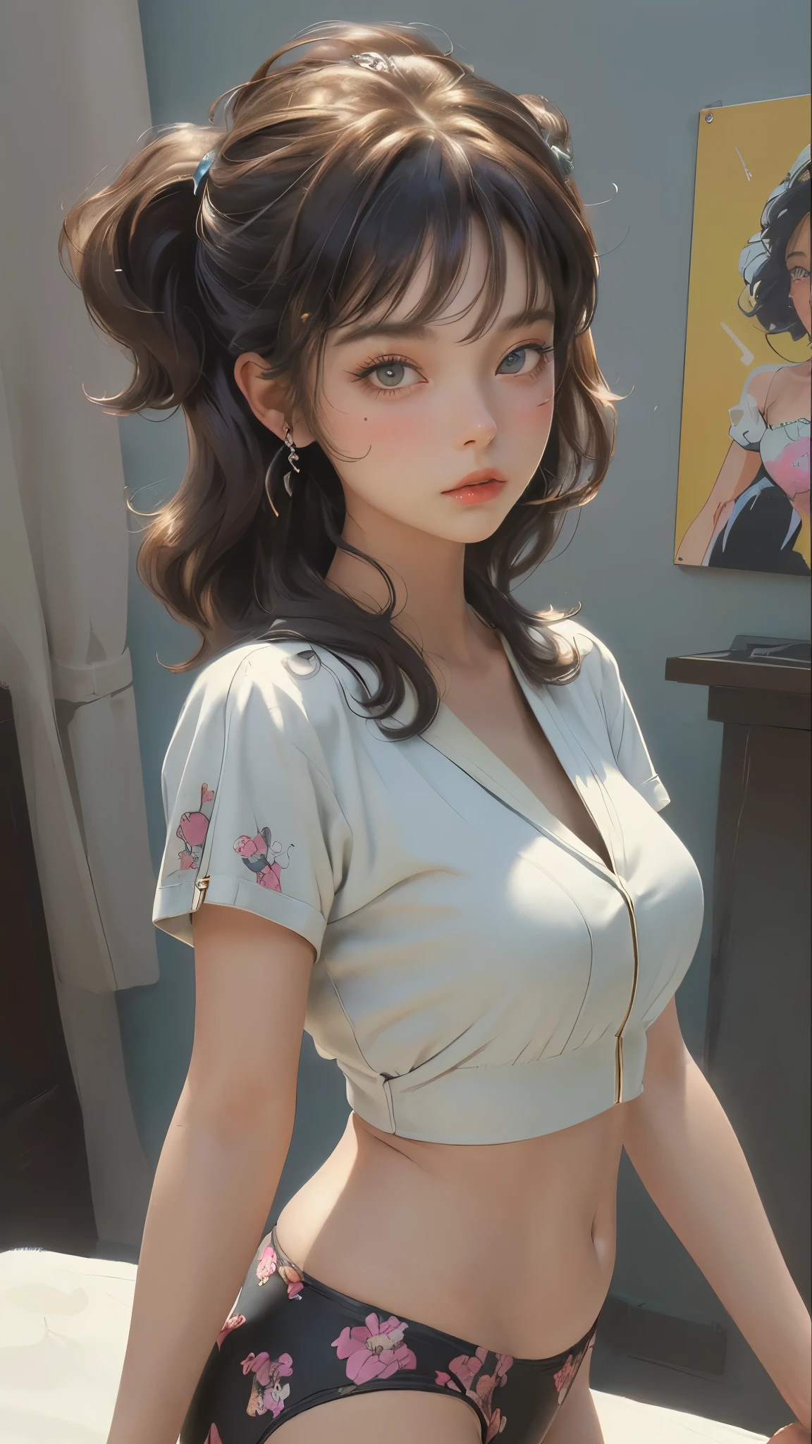 (best quality, masterpiece), 1girl, 1980s \(style\), looking at viewer, pinup \(style\), upper body,