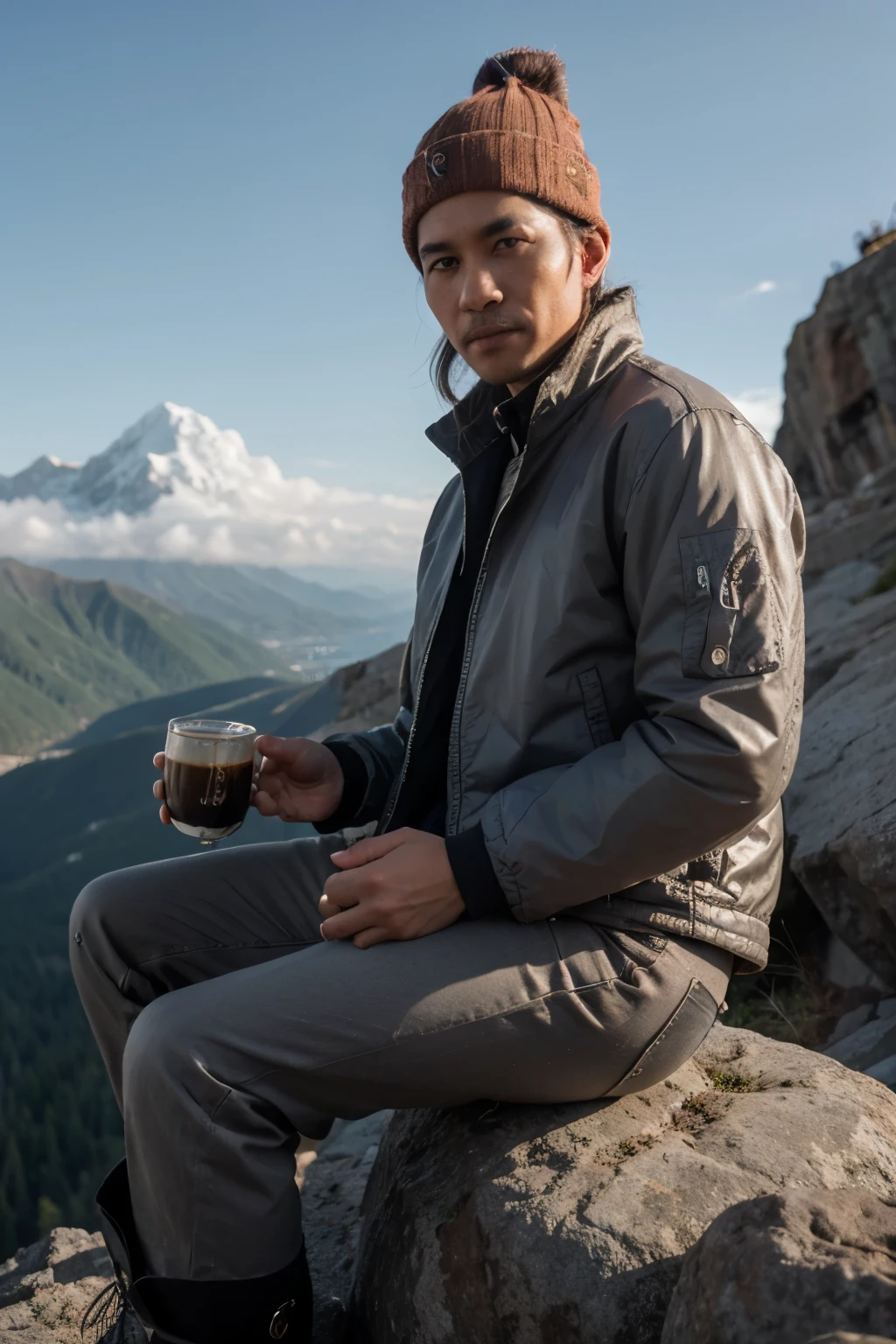 Realistic 4D caricature of Indonesian man, wearing a beanie, thick jacket, orange boots, sitting on a rock, right hand holding a Silver Chrome coffee cup, campfire with a coffee pot on top, on a high mountain peak, mountains and clouds in the background