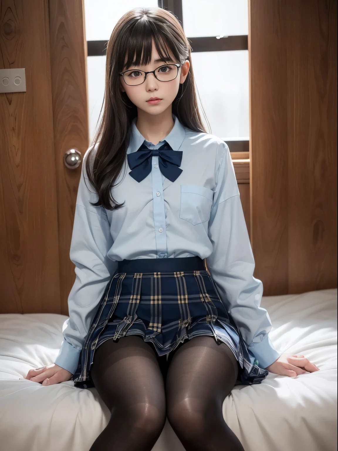 (I can see my underwear)、((細いeye))、((細いeye))、((細いeye))、(8K、生photographgraphy、highest quality、masterpiece:1.2),、small、(flat chest)、(flat chest)、(flat chest)、(flat chest)、(flat chest)、(Are thin)、Fair skin、Whitening、dark look、skinny,sex appeal,Fair skin肌,Saucy,Schoolの,looking at the viewer,looking straight ahead,high-pitched clothes,erotic,students,white skin,knees,(((black pantyhose)),((black pantyhose))),disorganized,(small face),(small face),I can see the forehead,Bangs hanging from the left and right sides of the forehead,(cold look,eyeがきつめ,glare,bullish,anger)、masterpiece,highest quality、ultra high resolution,生photograph,beautiful,beautiful,There is only one person, solo,Glasses,,dark look,small breasts same,full body,(まるGlasses),JK uniform,high school girl,japanese woman, (photorealistic:1.37)、School、photon mapping,Reality、beautiful woman,cute baby face,ブラウンeye、black socks、(red bow tie)、radio city、Physically based rendering、depth of field rally background、photograph,body,beautiful feet, long legs, thin legs,(I can see my bangs), Hairy pubic area, lips, blue_eye, nose soft,(light blue dress shirt), (Navy, blue and white plaid pleated skirt), kneesが見える,transparent clothing,, Peaches, black cotton socks,Nogizaka Idol, , japanese idol