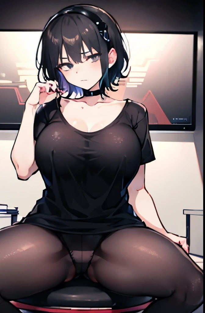 Tomboy, he is short, short hair with black curly hair, black eye, serious expression, blushed, huge breasts, breasts larger than head, white skin, slender body shape, black panties, looking at the viewer, sit on a gaming chair, gamingroom, black gaming headphones, black stockings, baggy black t-shirt, black choker