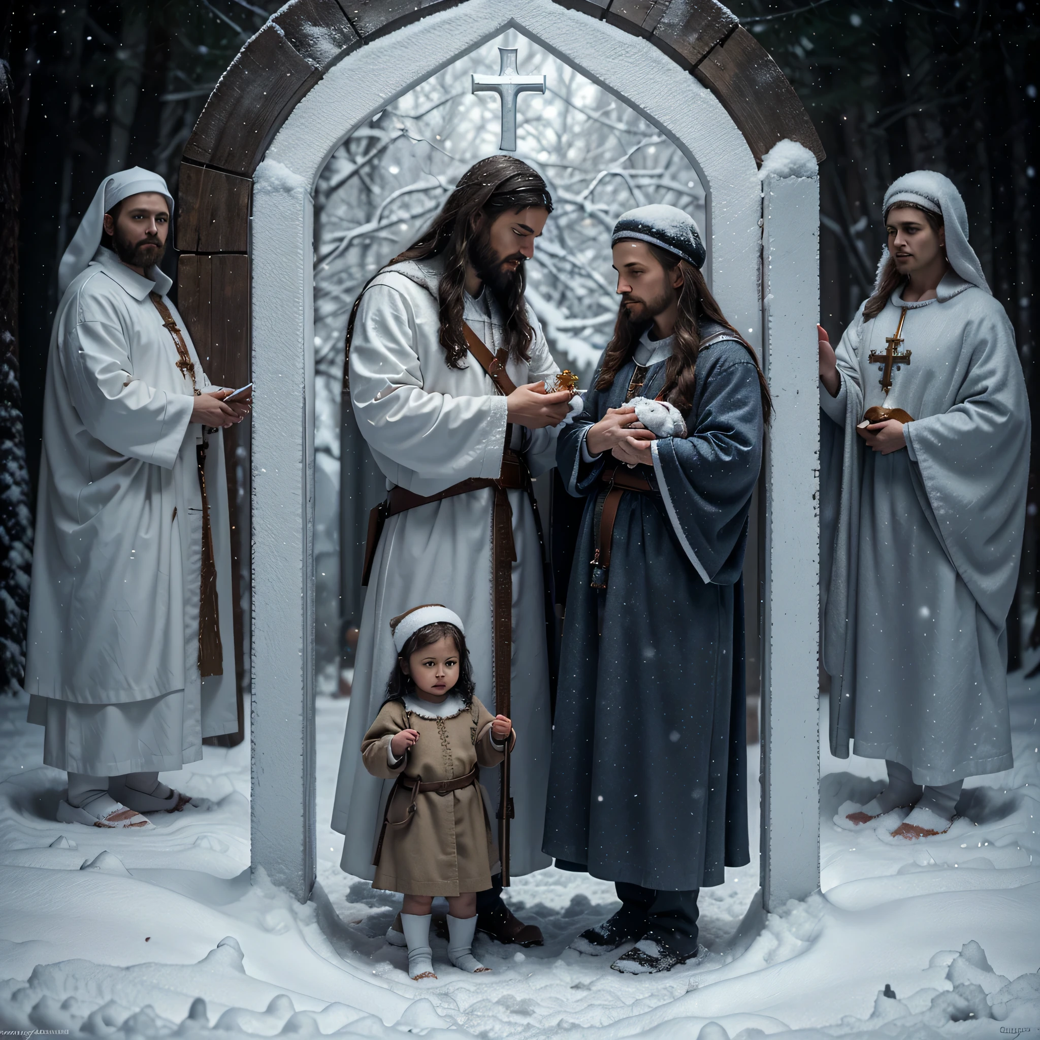 jesus and mary with  jesus in the snow, a picture by Eugeniusz Zak, cg society contest winner, fantasy art, kramskoi 4 k, greg olsen, 3 winter deities, catholic religious art, beautiful depiction, profile pic, with  jesus, holy and beautiful, 3 figures as winter spirits, christian art, christmas night, religious painting