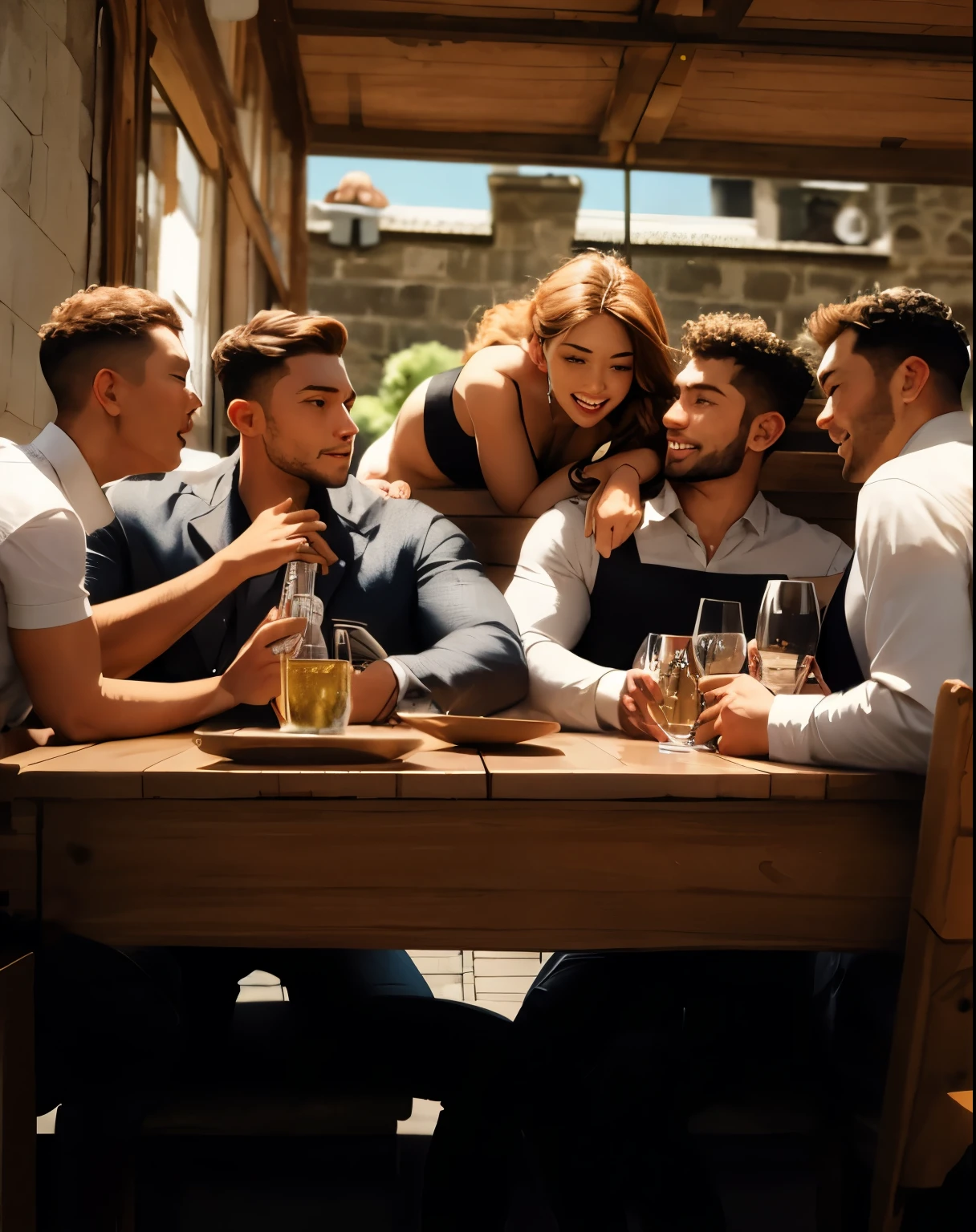 A group of men sit around a woman