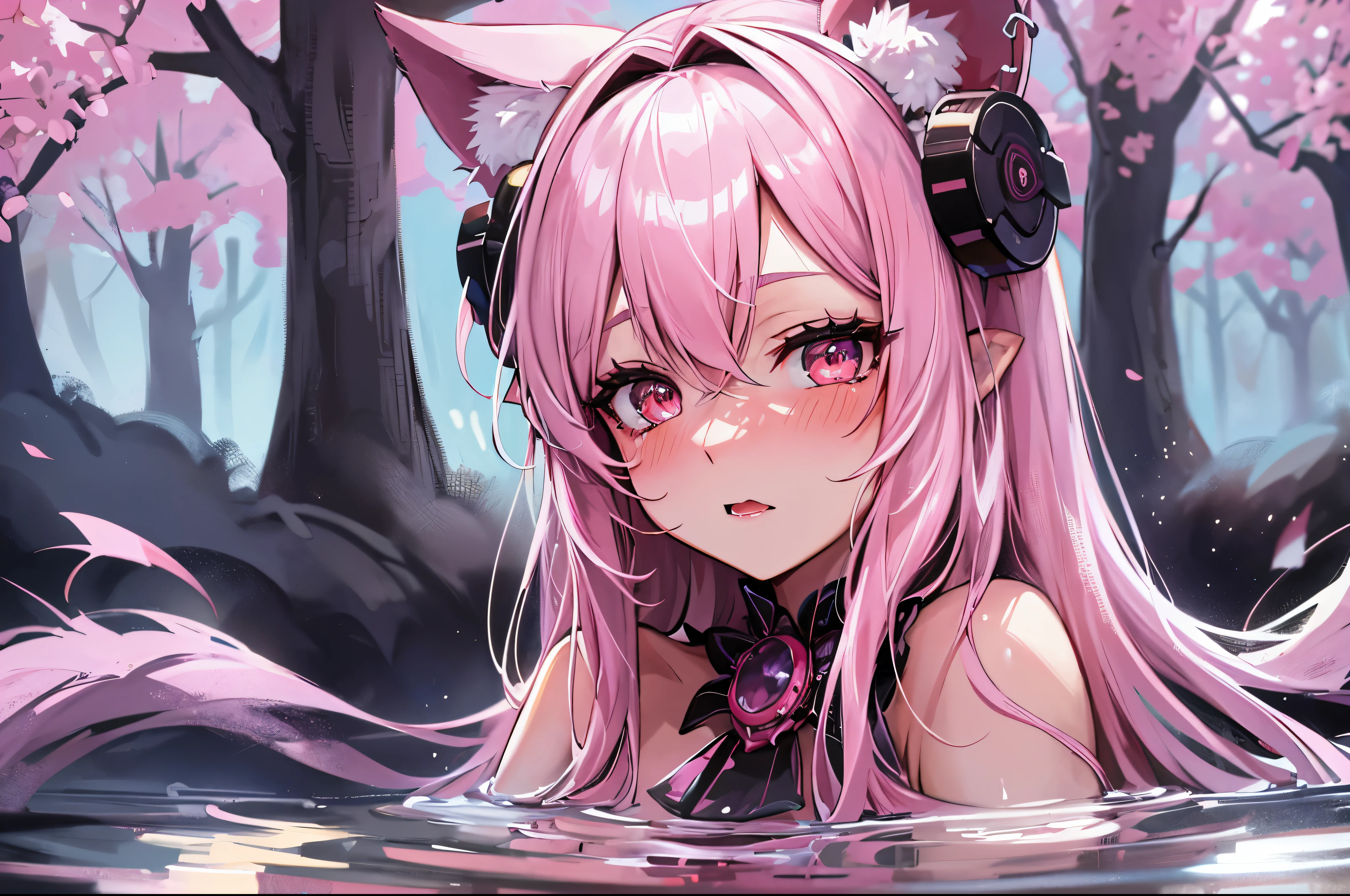hairy, Pink fur, Off-the-shoulder white translucent morning dress, sit on the grass, Cherry blossom forest background, gold slit pupil, blushing:1, hair between eyes, pink hair, gradient hair, hair past shoulders, wet hair, shiny hair, bell, trumpet, forehead gem, lolitahairband, eye reflex, shed tears, slit pupil, fox ears, wolf ears, Awkward, blush, saliva, full blush, panicked, despair, full-face blush, realism, 超realism, Ray tracing, reflected light, backlight, Fuji color, Bokeh, ultra high definition, retina, anatomically correct, Super details, best quality, high resolution