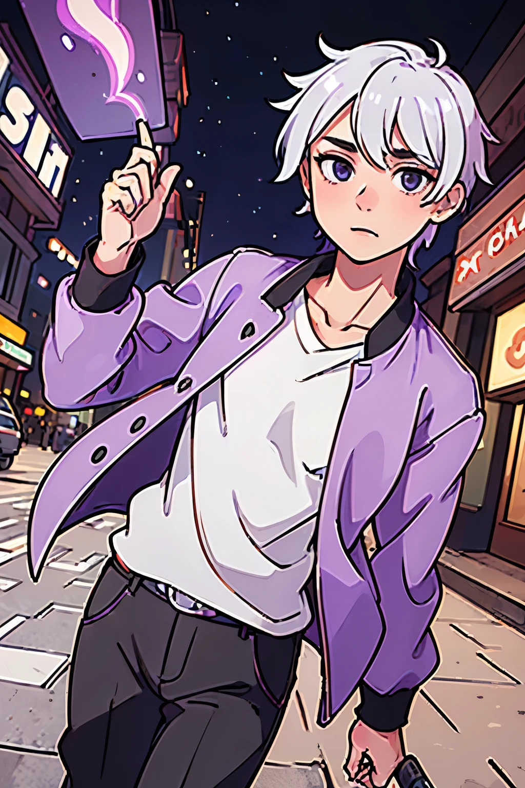 (best quality:0.8) perfect anime illustration, a pretty, happy male with short white hair on the street in the city, purple eyes, wearing a purple jacket, white shirt, black pants