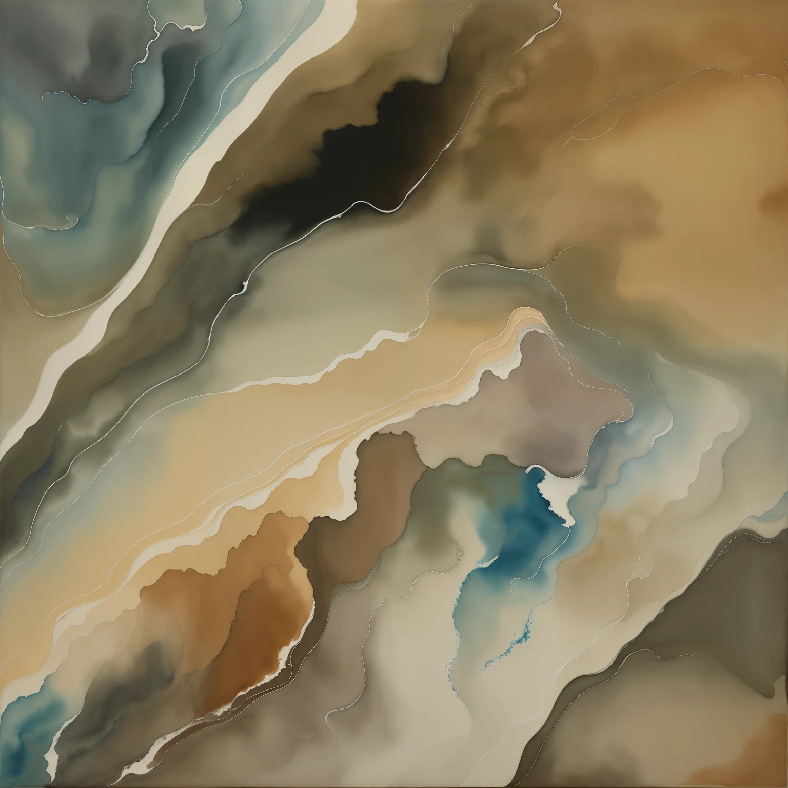 there is a painting of a large piece of water with a sky background, soft organic abstraction, ink and muted colours on silk, benjamin vnuk, ultrafine detail ”, flowing forms, by Margaret Leiteritz, insandely detailed, inspired by Kay Sage, watercolor on paper, earth tones and soft color 1976, muted water color, watercolour on paper