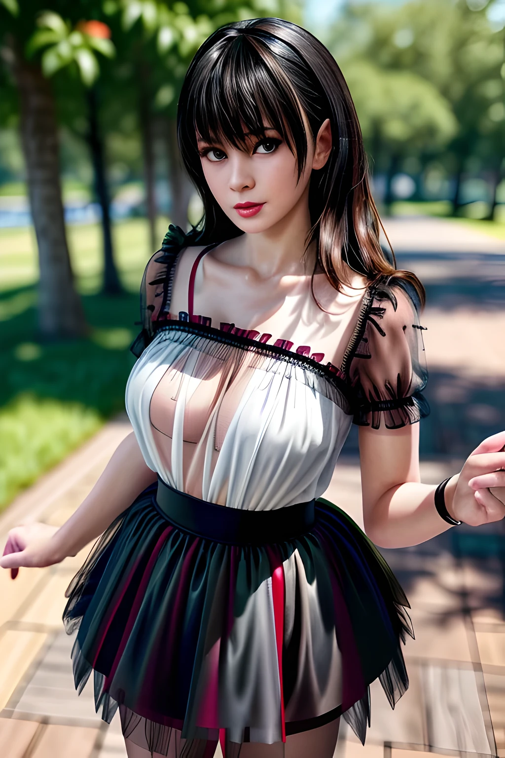 1 girl,seven waves,(mesh shirt: 1.3), (Tulle skirt: 1.4),outdoor, (standing posture),jewelry,grace,(((red lips))), Lips slightly open, clavicle,Lactation,(huge breasts),((8k, original photo, top quality, masterpiece), HD RAW color photos professional close-up photos, (actual, photorealism: 1.37), (best quality),8k,soft sunshine, Fabric luster,alone,