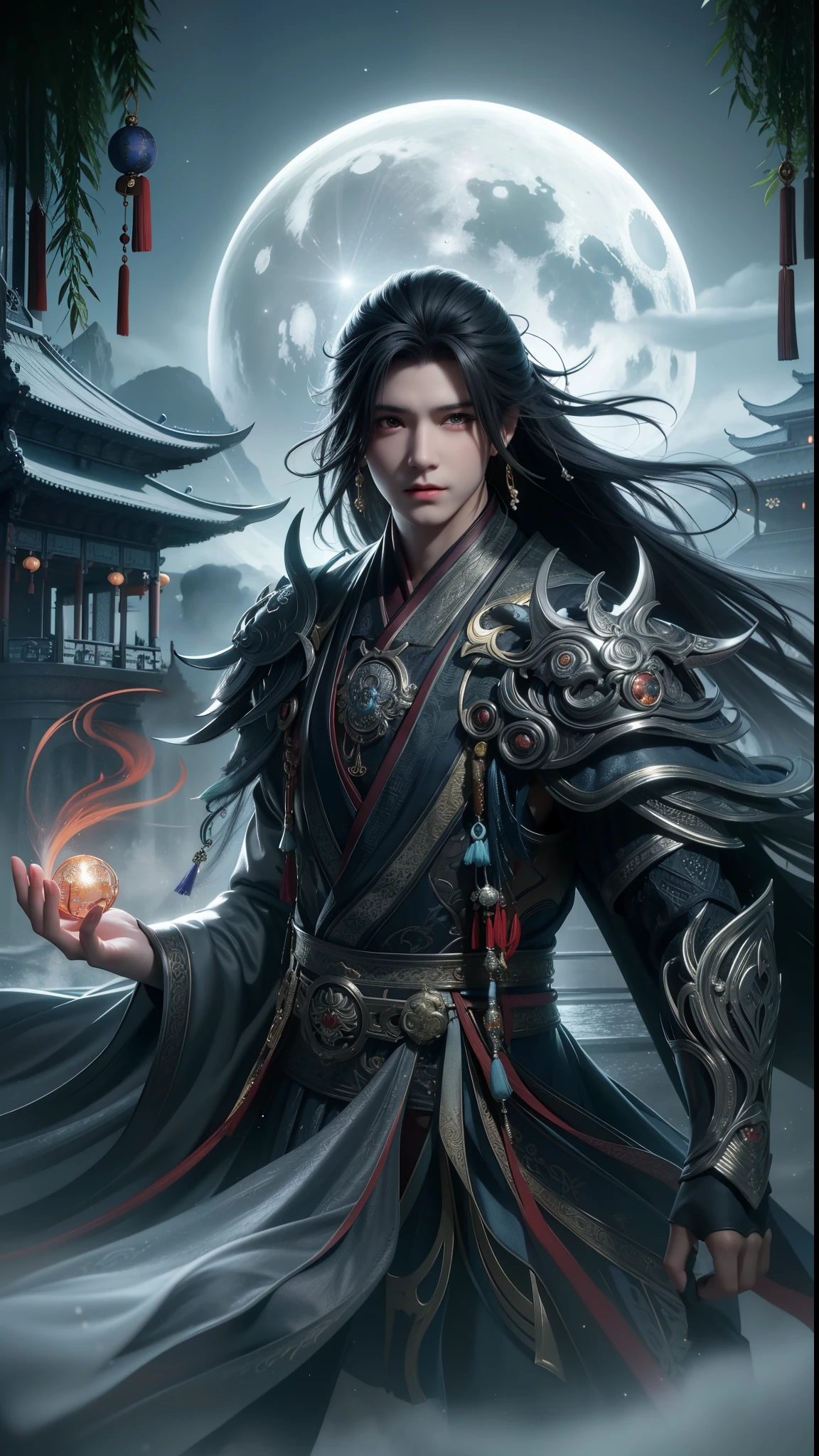 Arafad image of a man in a full moon costume holding a glowing ball, Beautiful male god of death, Chinese fantasy, Graphic artist Magalivilleneuve, digital fantasy art ), author：Yang Jie, Full body martial arts, 2. 5d cgi anime fantasy artwork, 4k fantasy art, High quality fantasy art, dark fantasy art, Epic and beautiful character art