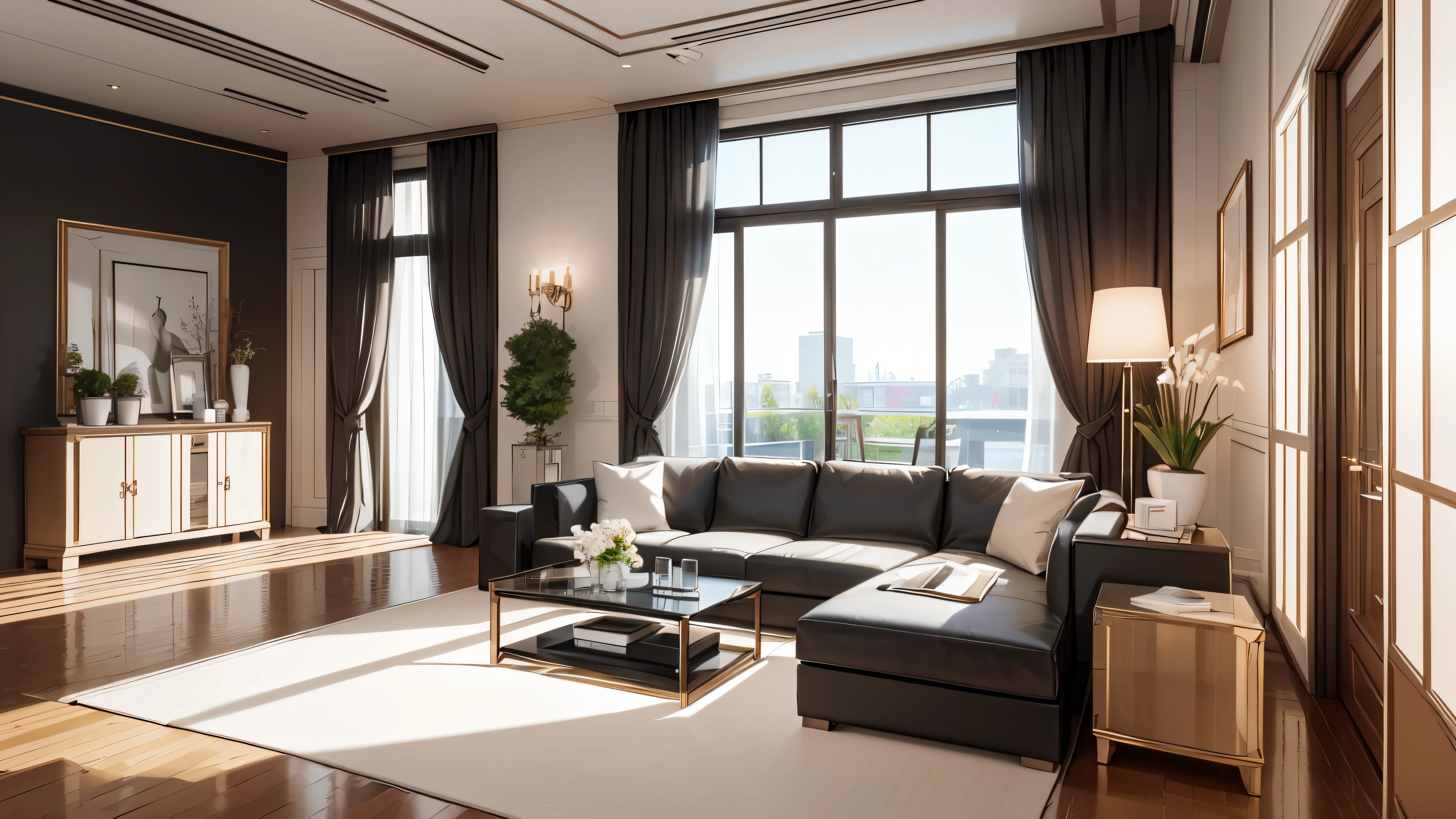 You are a famous interior designer、You have been asked to create a 3D image of a modern large room. Create a harmonious environment with modern and minimalist furniture. Including garden interior.