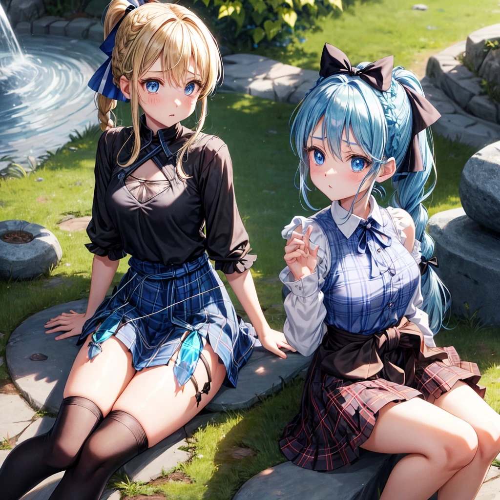 patina hair、blue eyes、Braid、ponytail、one good looking girl、solo、anime、Plaid miniskirt、camisole、black t-shirt、Tilting your face、Doing the ribbon、Ribbon at waist、Raising legs、cloak、the ground is cracked、Shortness of breath、sitting on a stone、Crystal Grotto