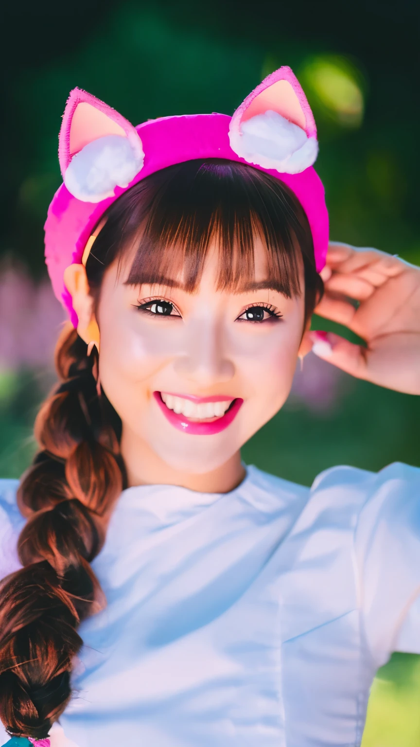 fake animal ears, light smile, ear blush, fang, pink hair, bangs, curly hair, side braid, halo, beret, animal ears, cat ears, Surrealism, drop shadow, anaglyph, stereogram, tachi-e, pov, atmospheric perspective, 8k, super detail, ccurate, best quality,Burmes background,Mandalay Myanmar.